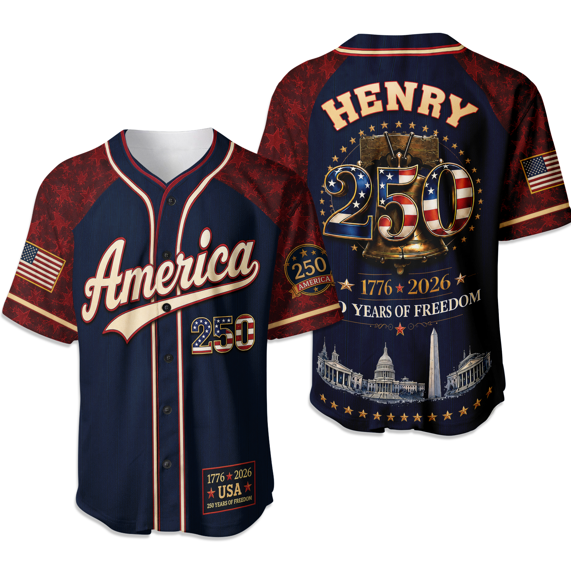 Personalized 250 Years of Freedom Baseball Jersey Custom Name Gift