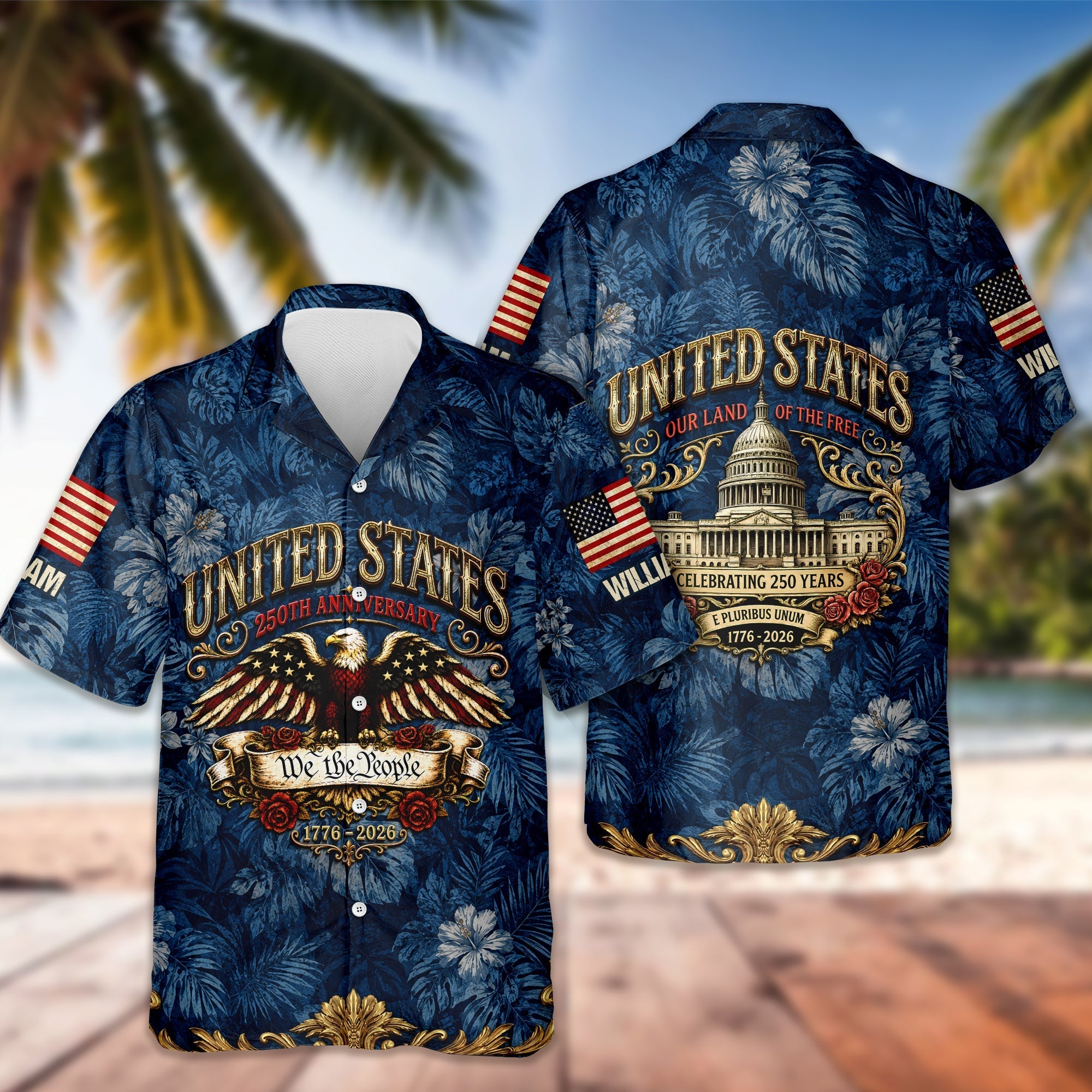 Custom Name Hawaiian Shirt Patriotic Eagle USA 250th Gift