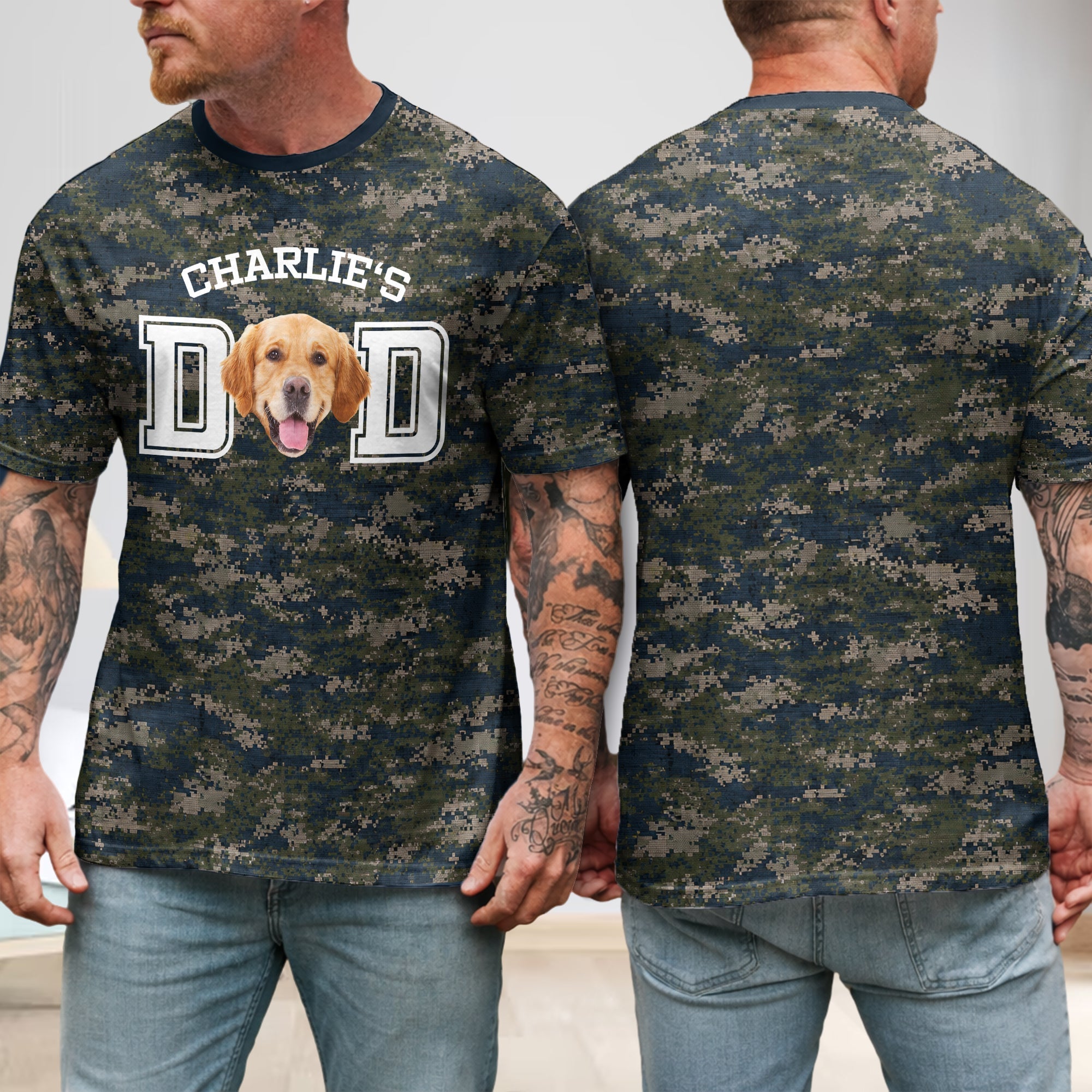 Personalized Camo Dog Dad T-Shirt Custom Photo Gift for Father's Day