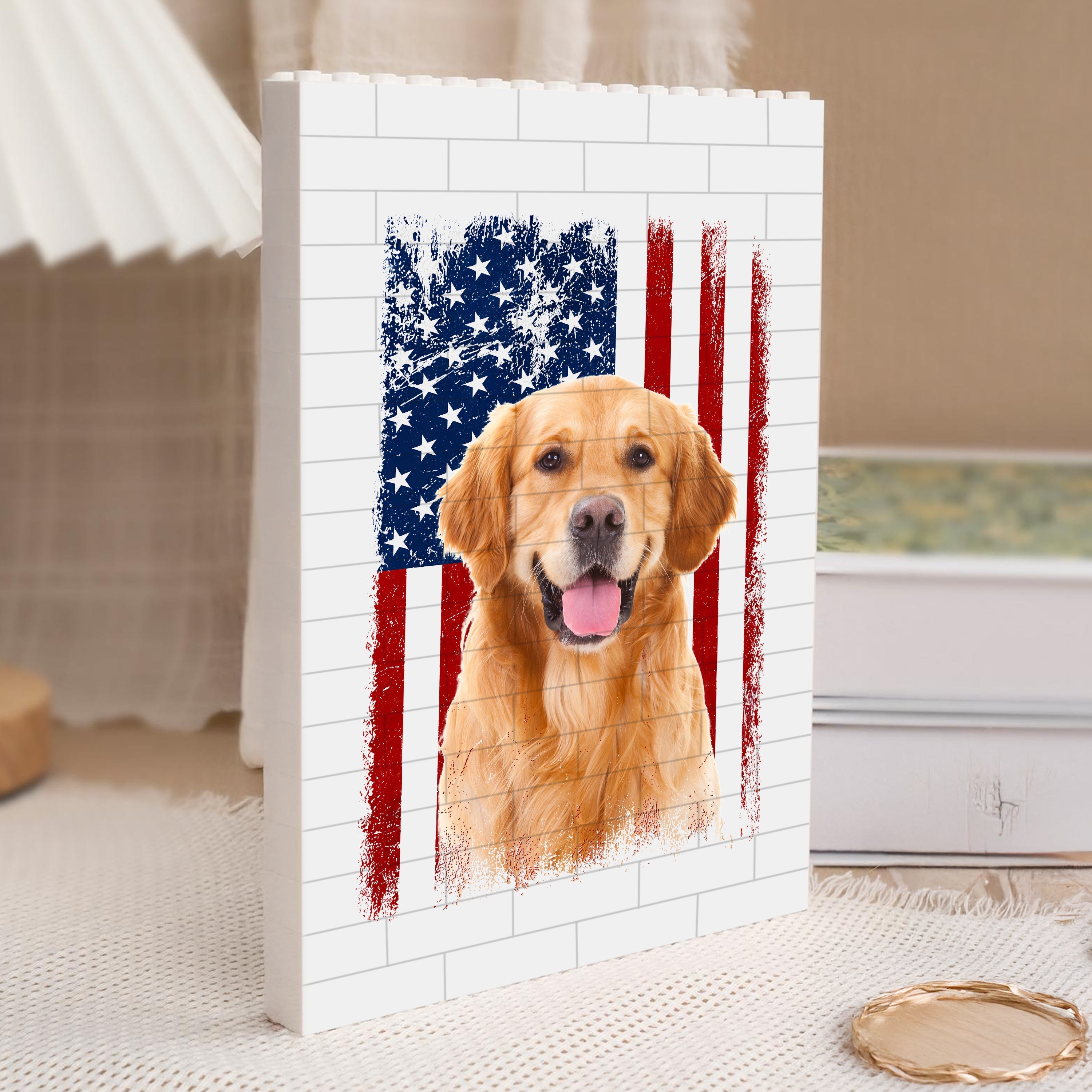 Custom Dog Photo Building Blocks USA Flag Gift for Dog Dad