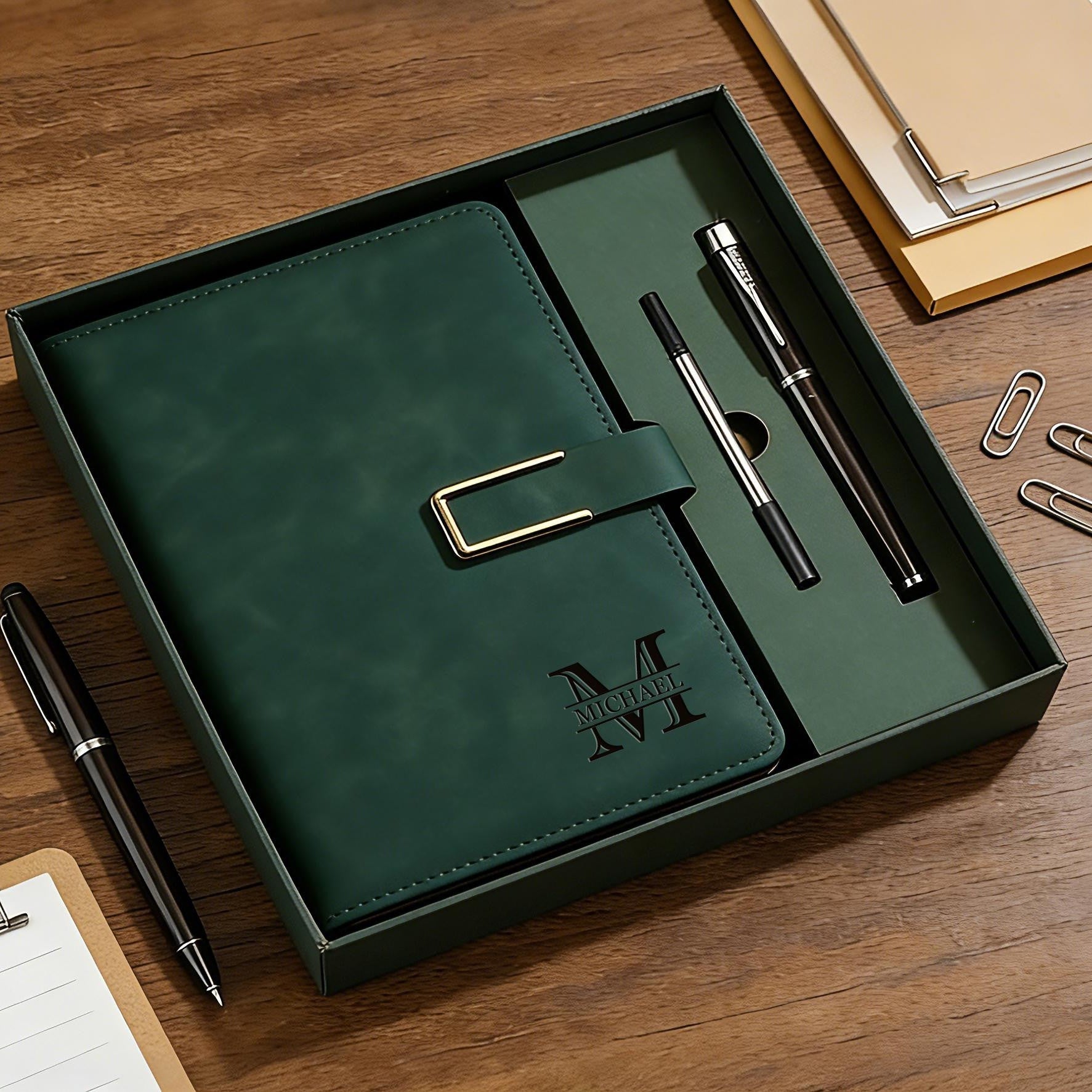 Personalized Engraved Leather Notebook Set with Pen Gift for Dad