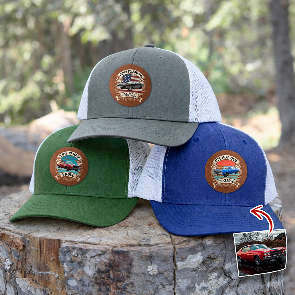 Personalized Car Photo Leather Patch Hat Custom Dad Gift