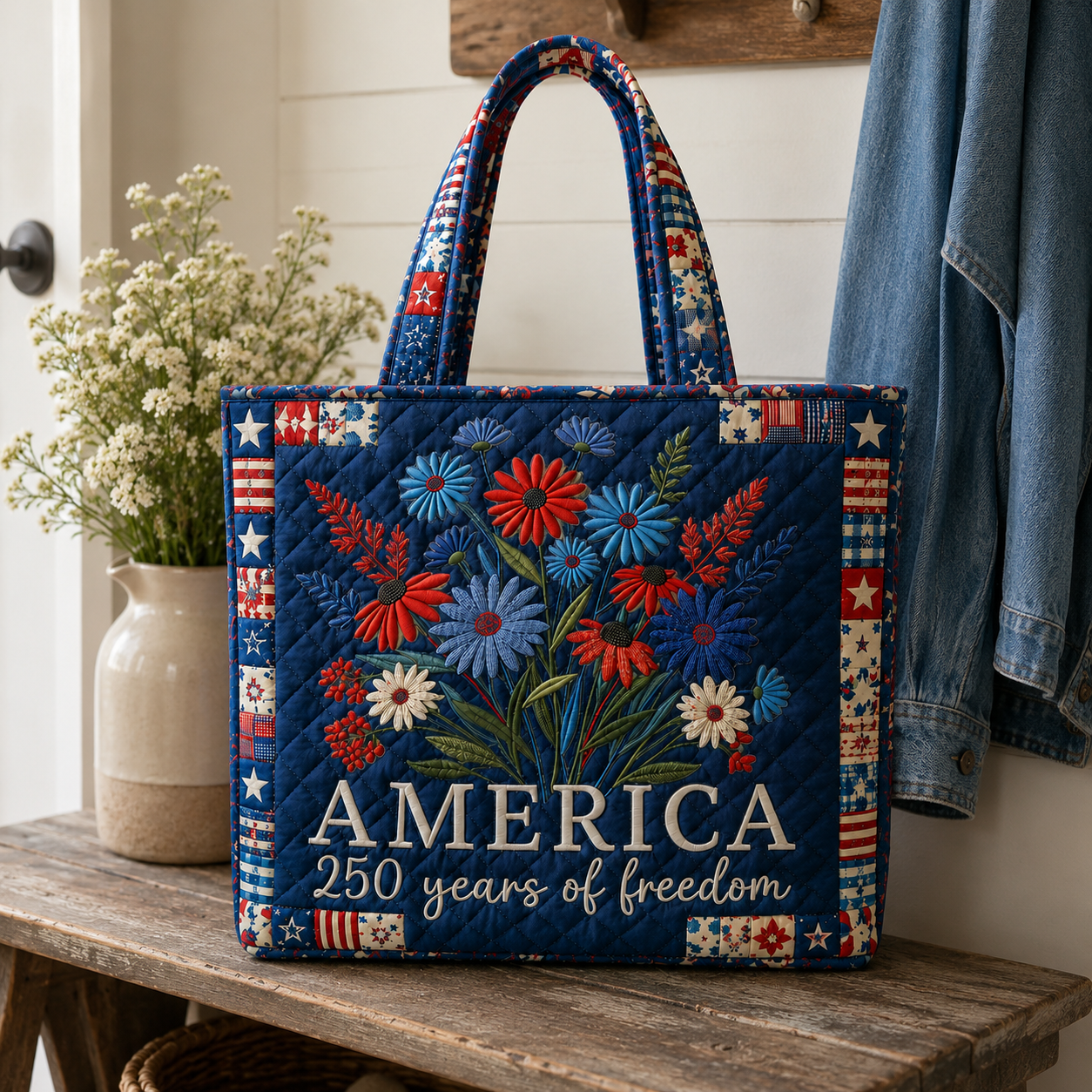 Personalized Patriotic Quilted Tote Bag 250 Years Freedom Gift for Her