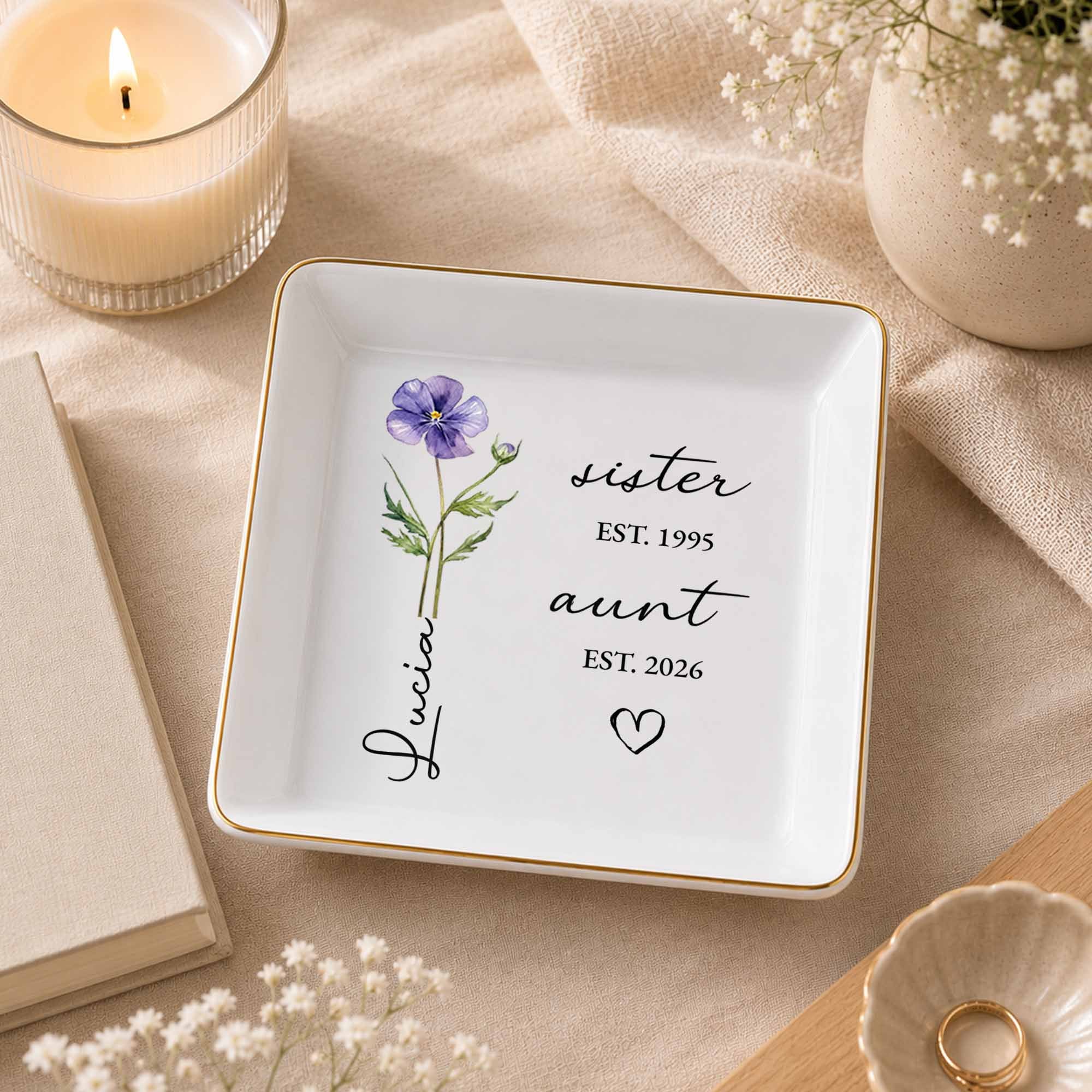 Personalized Flower Jewelry Dish Custom Name Gift for Aunt