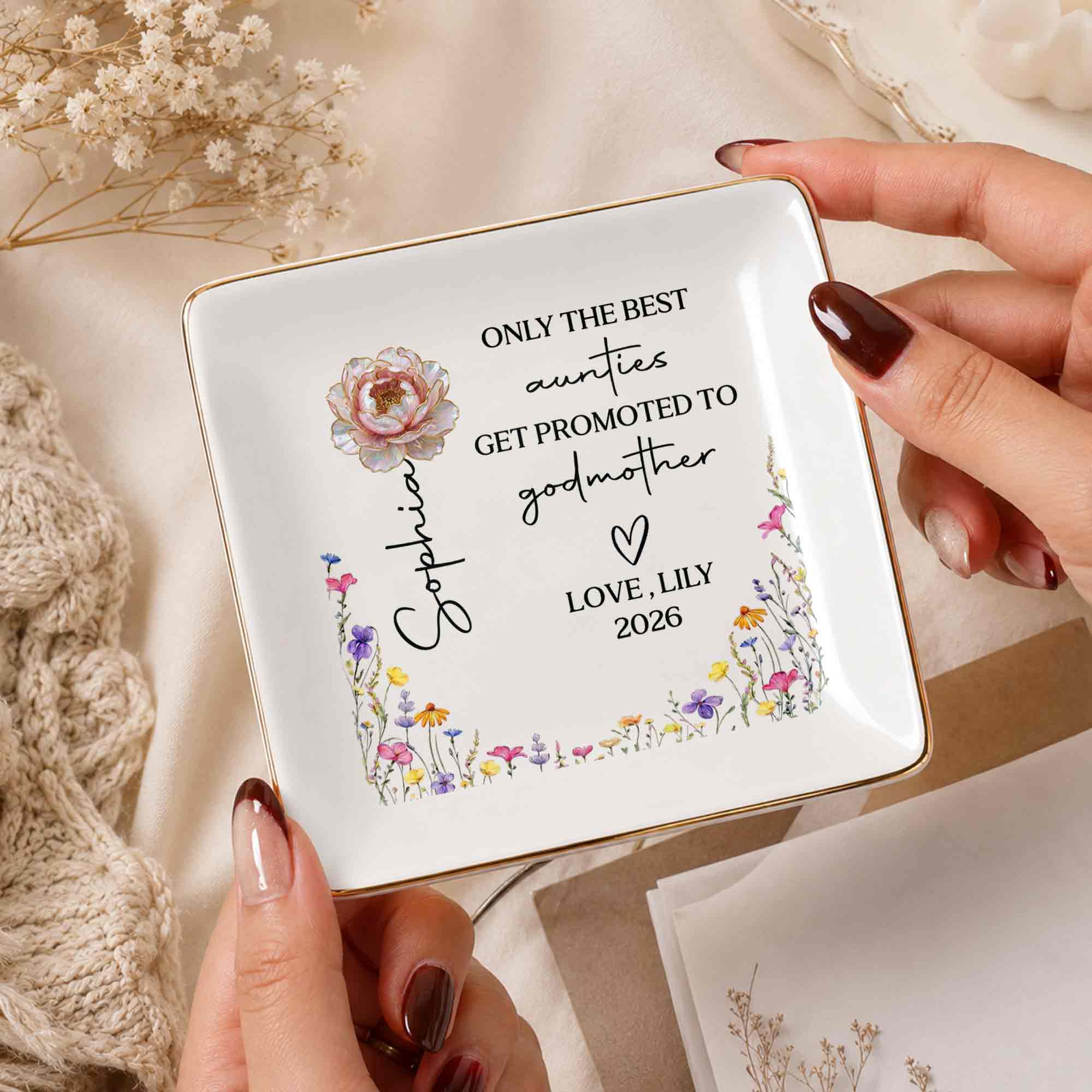 Personalized Ceramic Jewelry Dish Best Aunt Gift for Godmother
