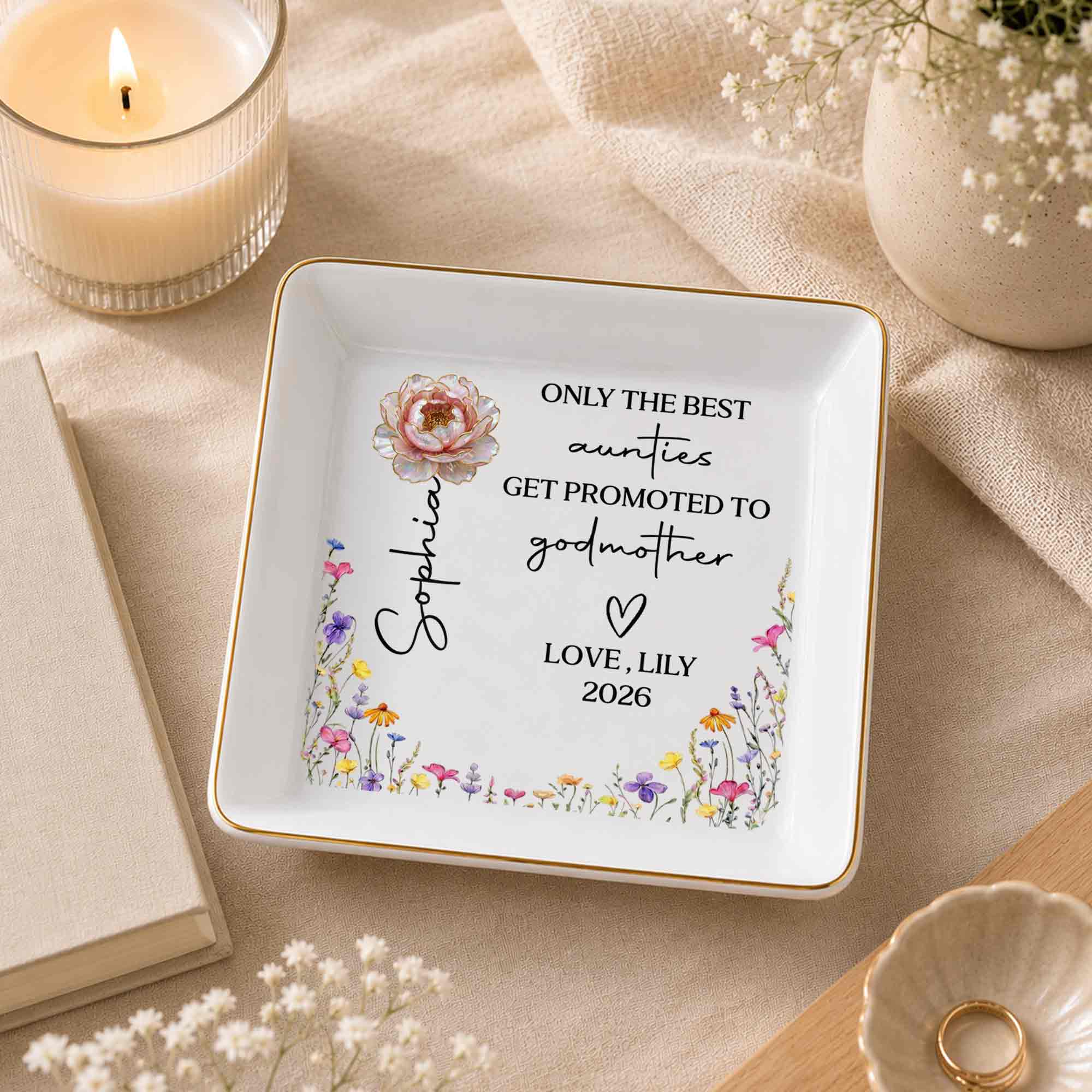 Personalized Ceramic Jewelry Dish Best Aunt Gift for Godmother