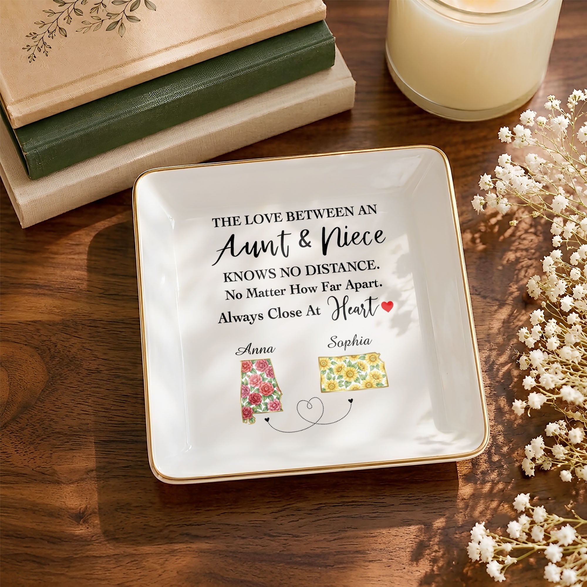 Personalized Square Ceramic Jewelry Dish Custom State Art Gift for Aunt