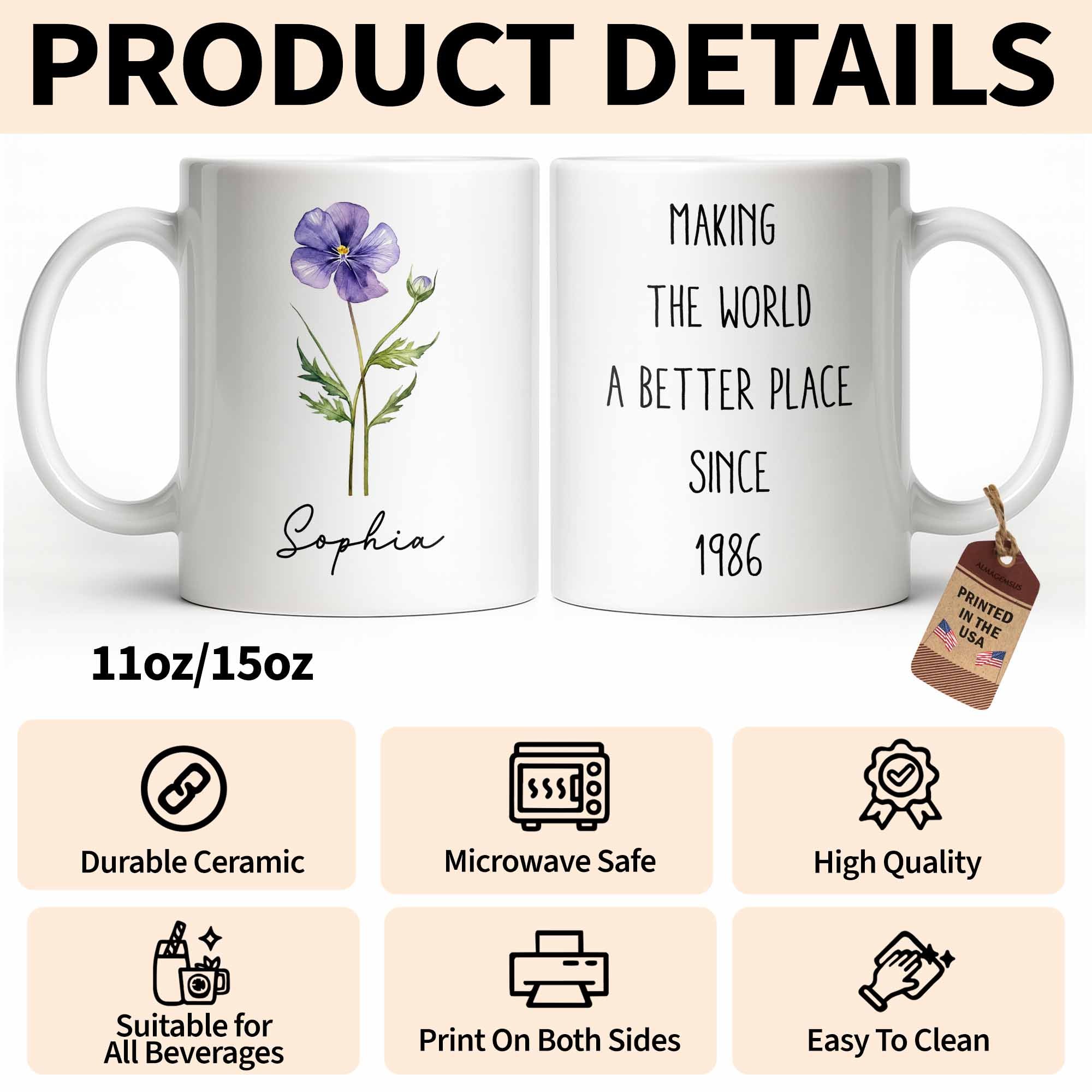 Personalized Flower Birth Month Coffee Mug Custom Gift for Mom