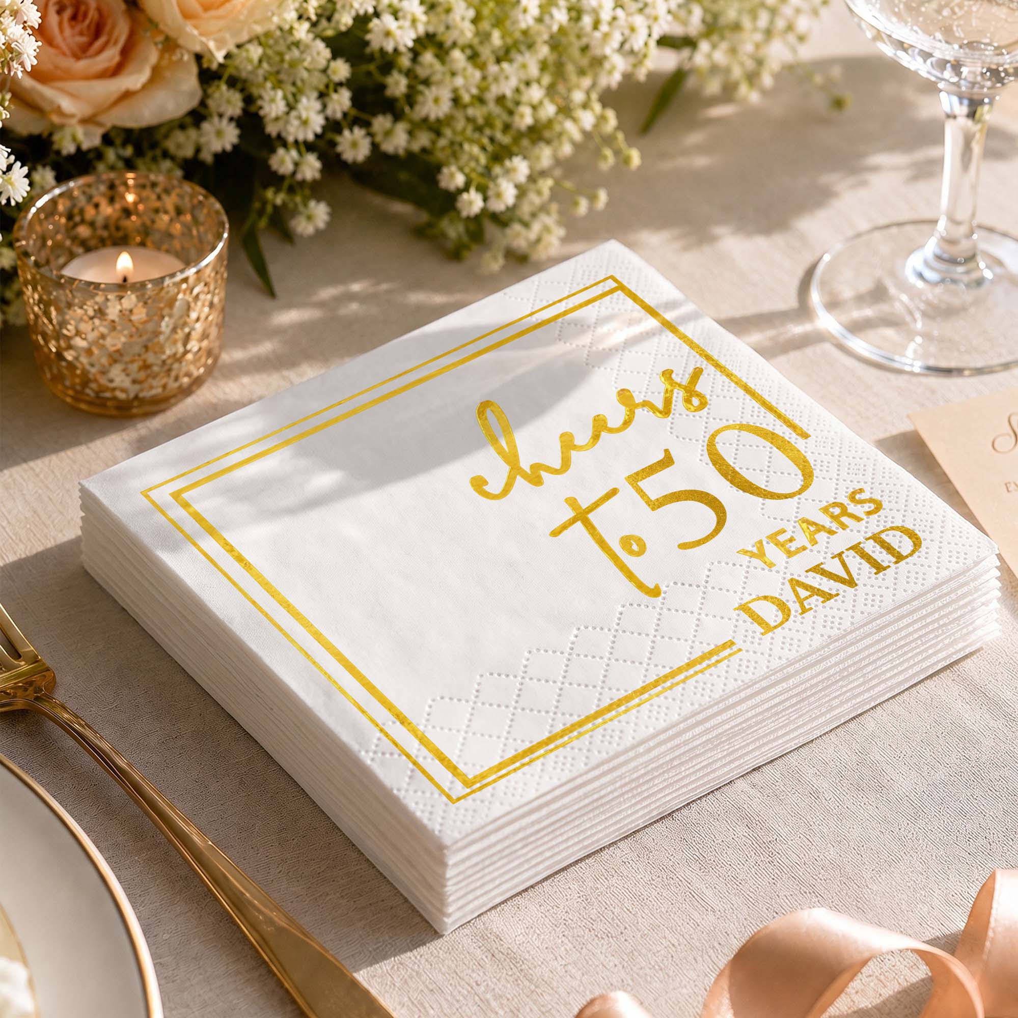 Personalized Cocktail Napkins Elegant Gold Design Custom Name Gift for Birthday