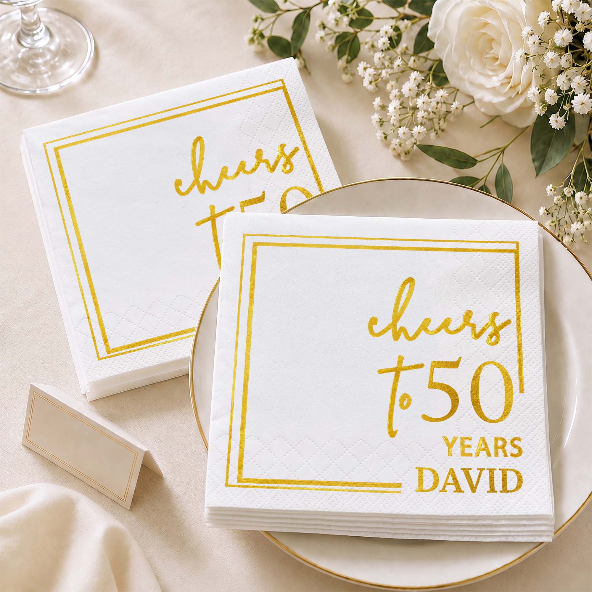 Personalized Cocktail Napkins Elegant Gold Design Custom Name Gift for Birthday