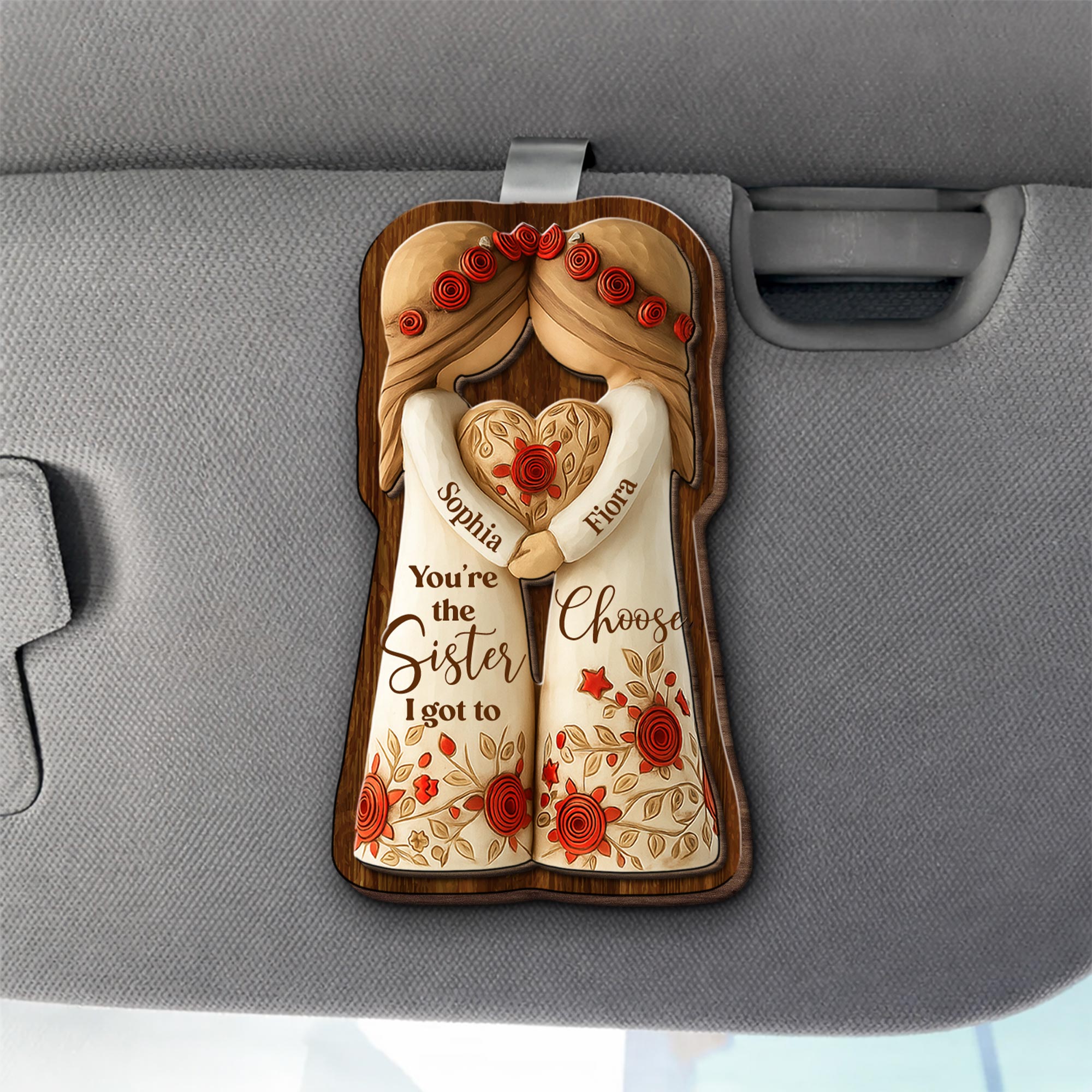Personalized Car Visor Clip Gift for Sisters Holding Heart Flowers