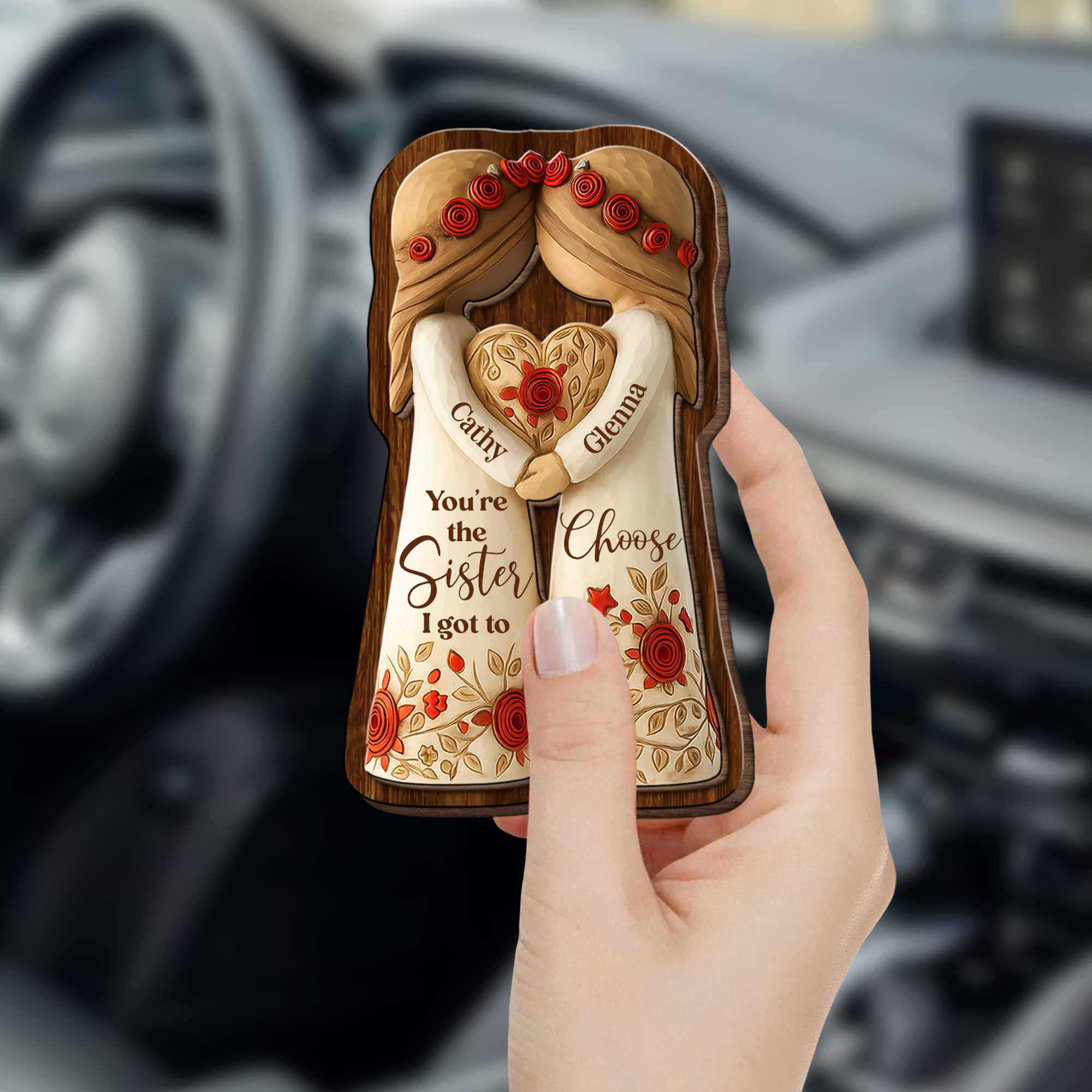 Personalized Car Visor Clip Gift for Sisters Holding Heart Flowers