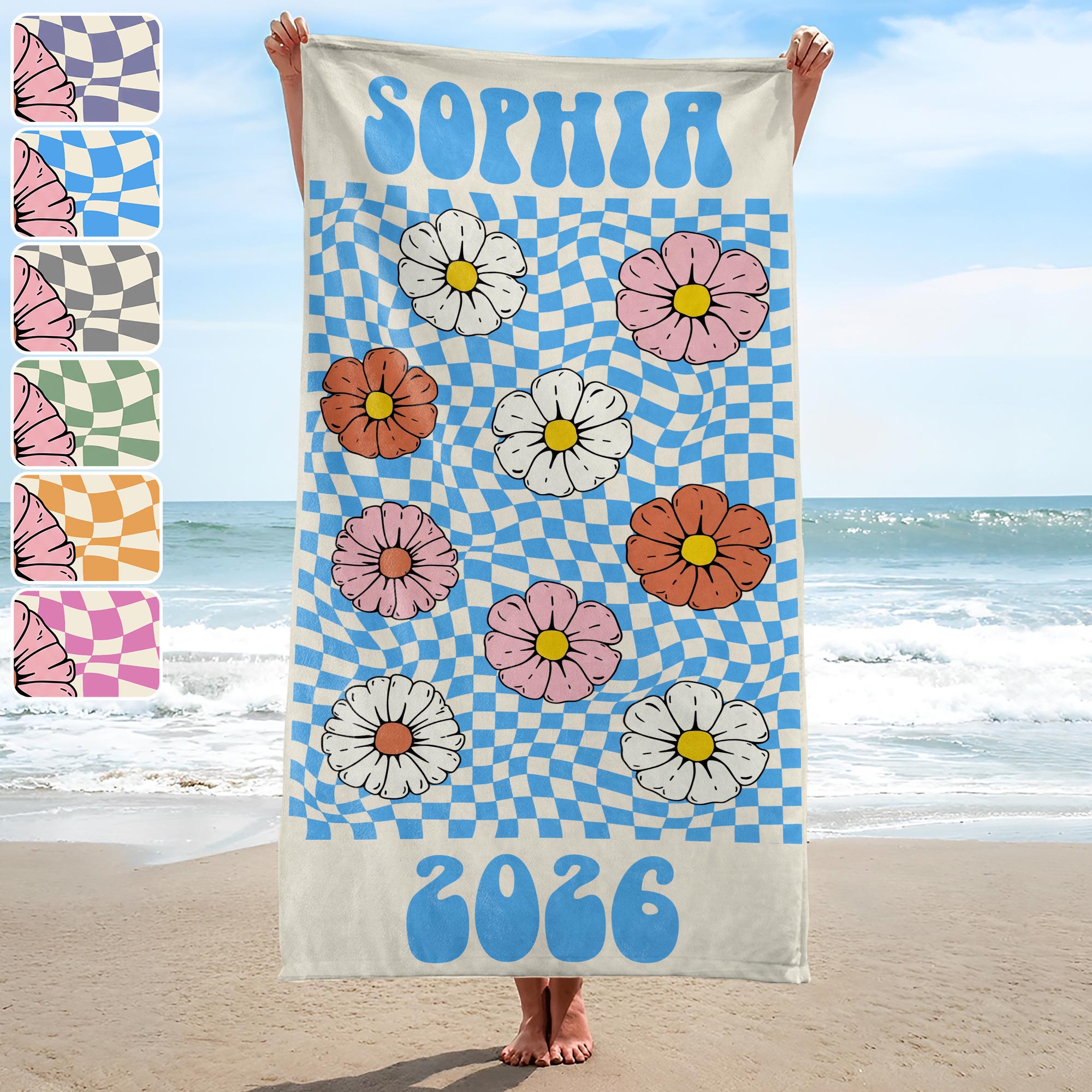 Personalized Groovy Beach Towel Custom Name Floral Gift