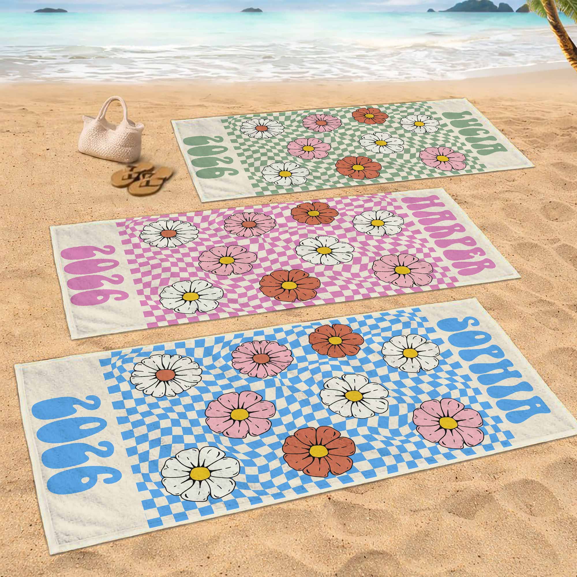 Personalized Groovy Beach Towel Custom Name Floral Gift