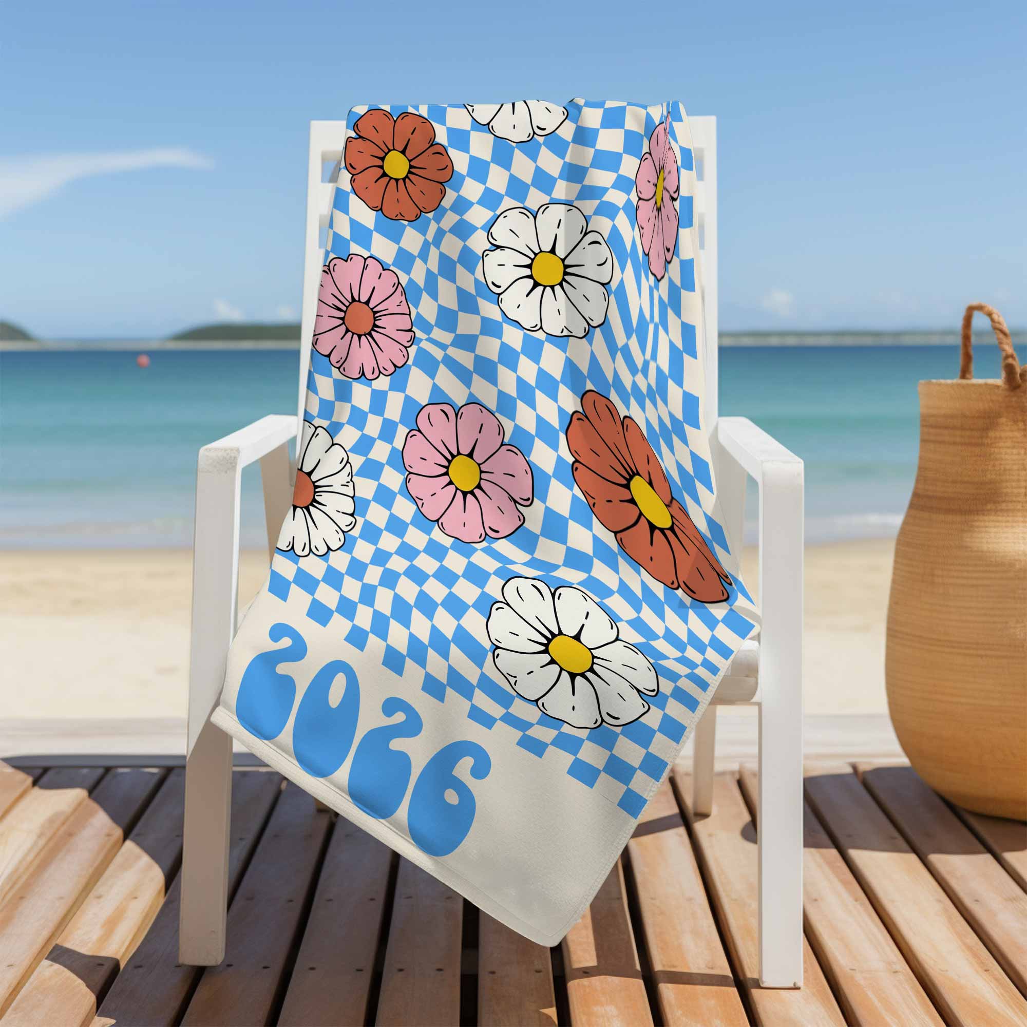 Personalized Groovy Beach Towel Custom Name Floral Gift