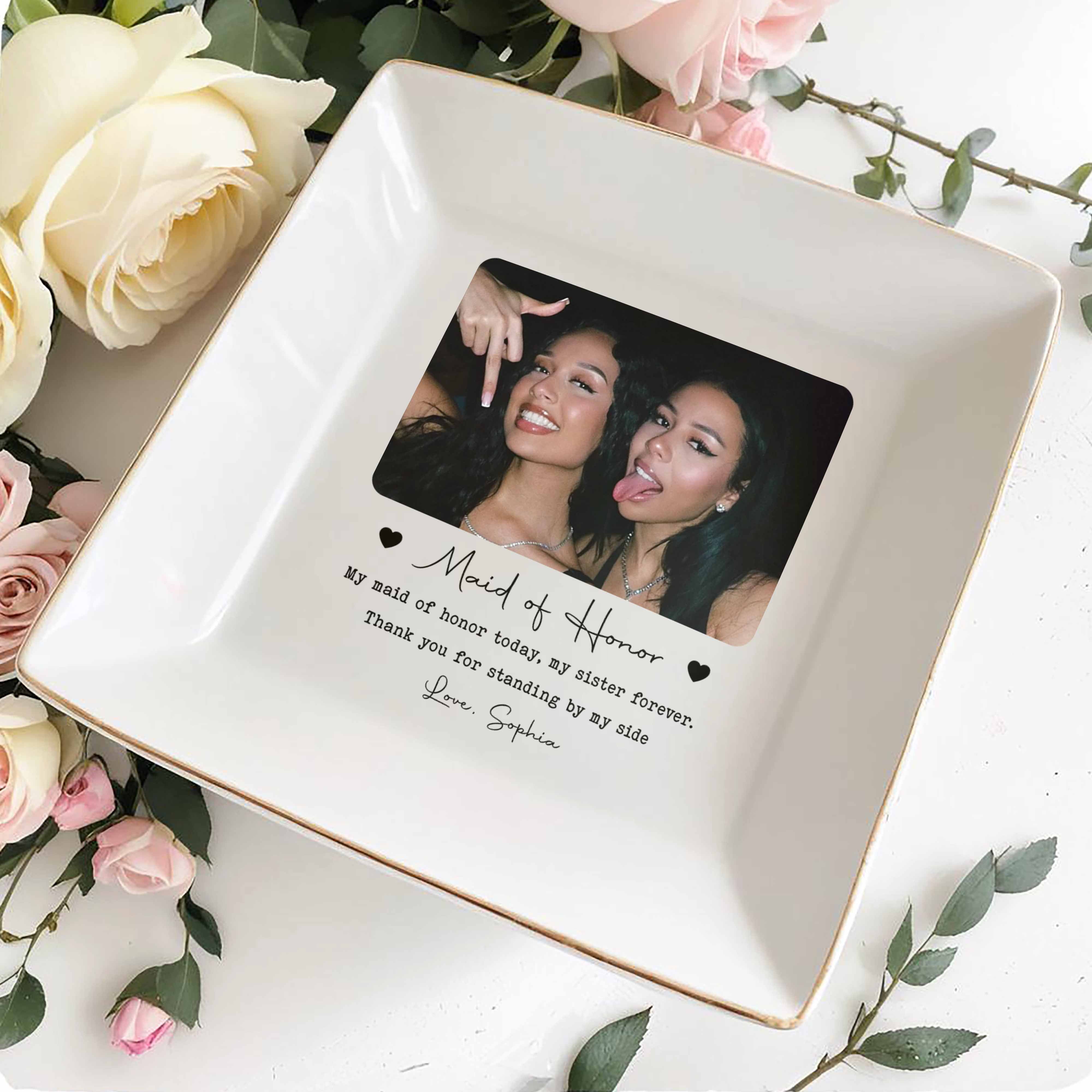 Personalized Custom Jewelry Dish for Sister with Photo Hearts