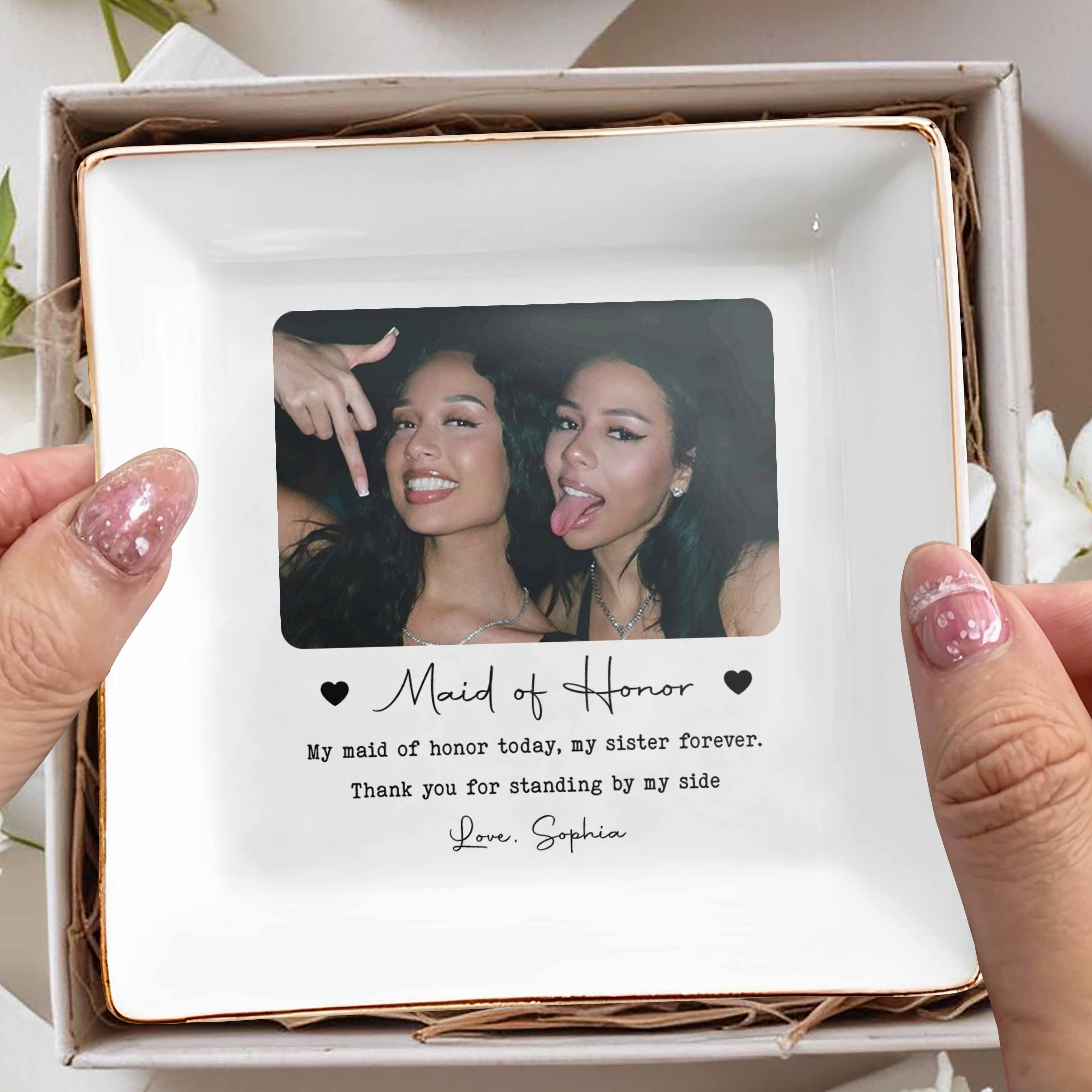 Personalized Custom Jewelry Dish for Sister with Photo Hearts