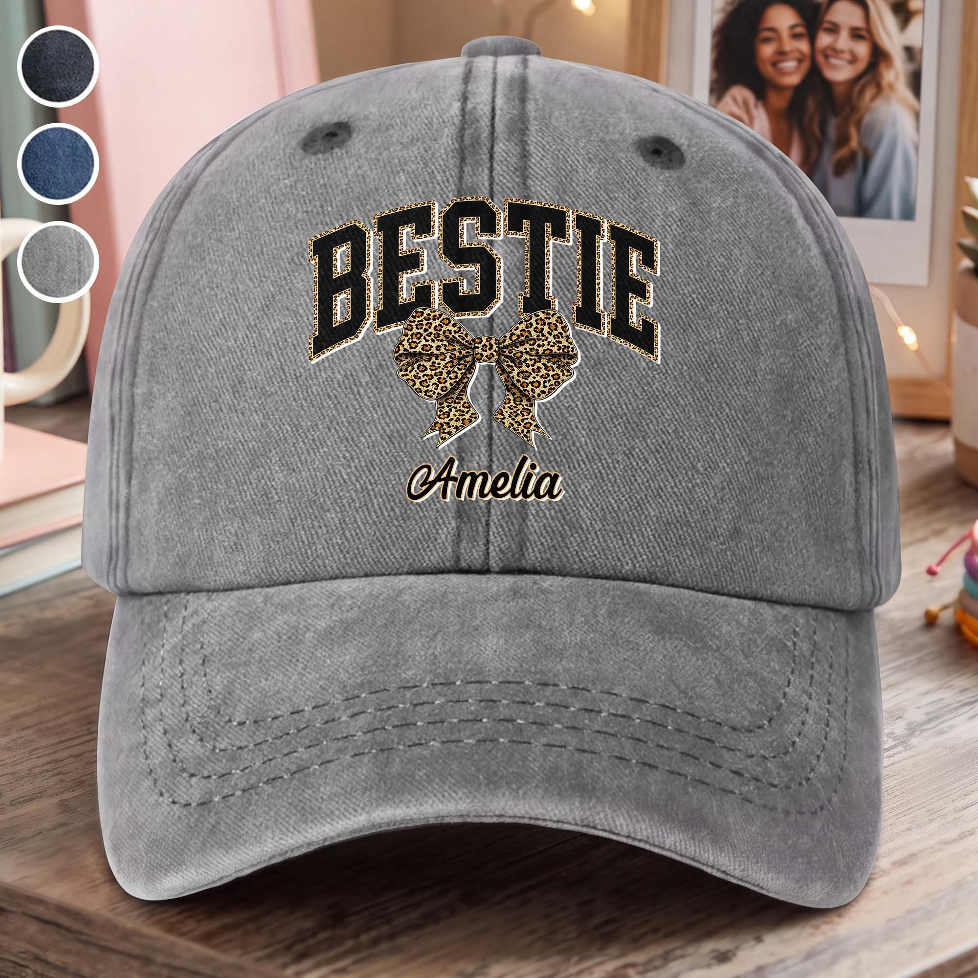 Personalized Leopard Print Bow Washed Denim Cap for Besties