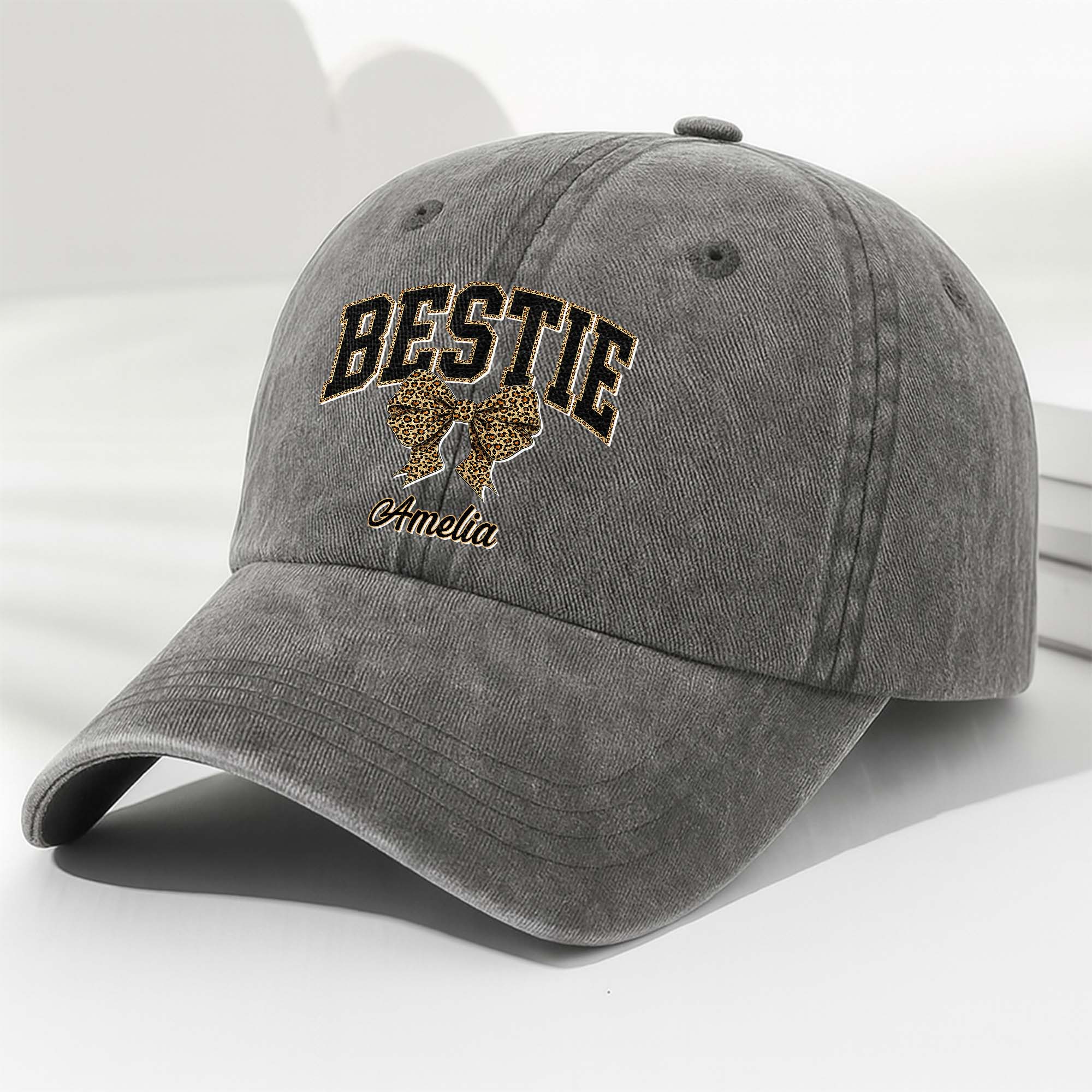 Personalized Leopard Print Bow Washed Denim Cap for Besties