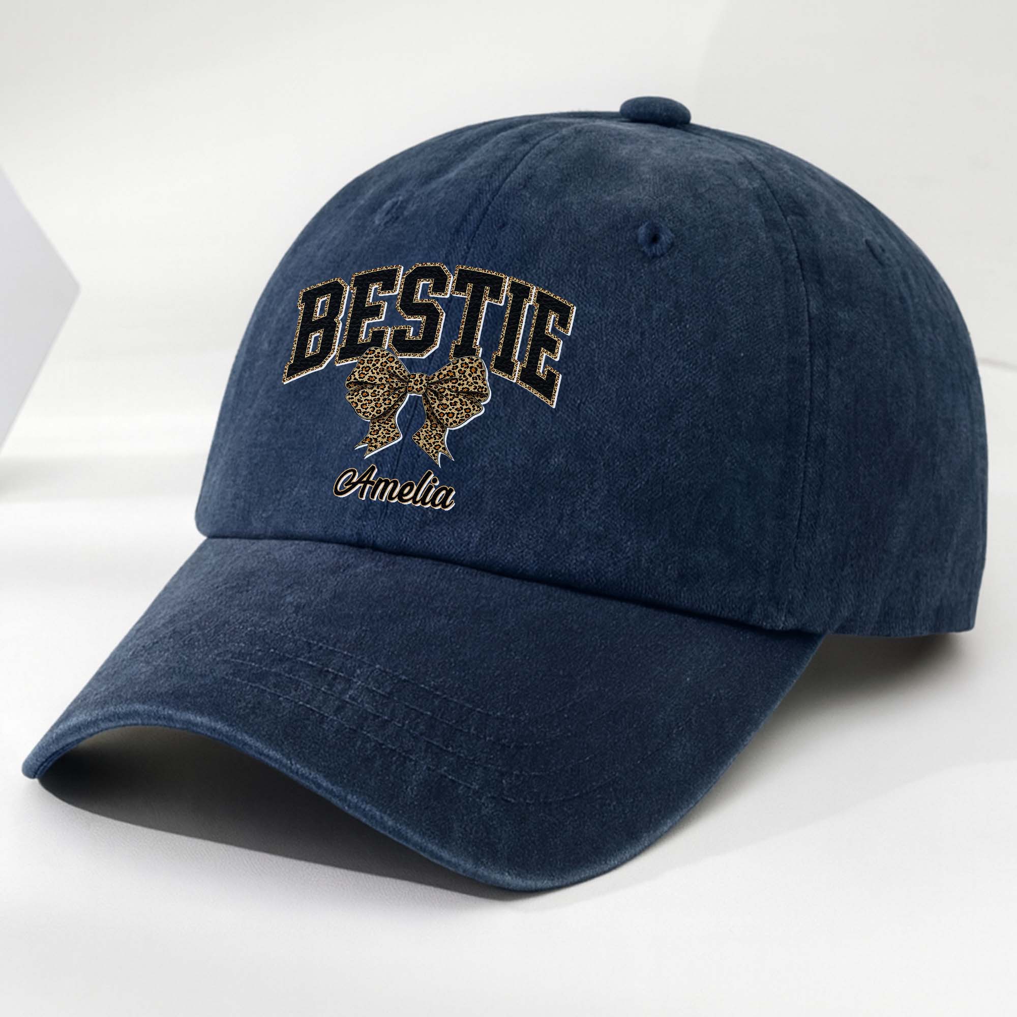 Personalized Leopard Print Bow Washed Denim Cap for Besties