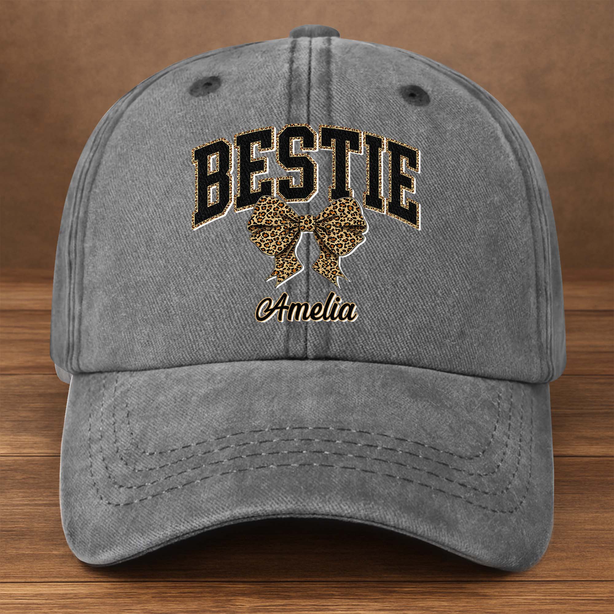 Personalized Leopard Print Bow Washed Denim Cap for Besties