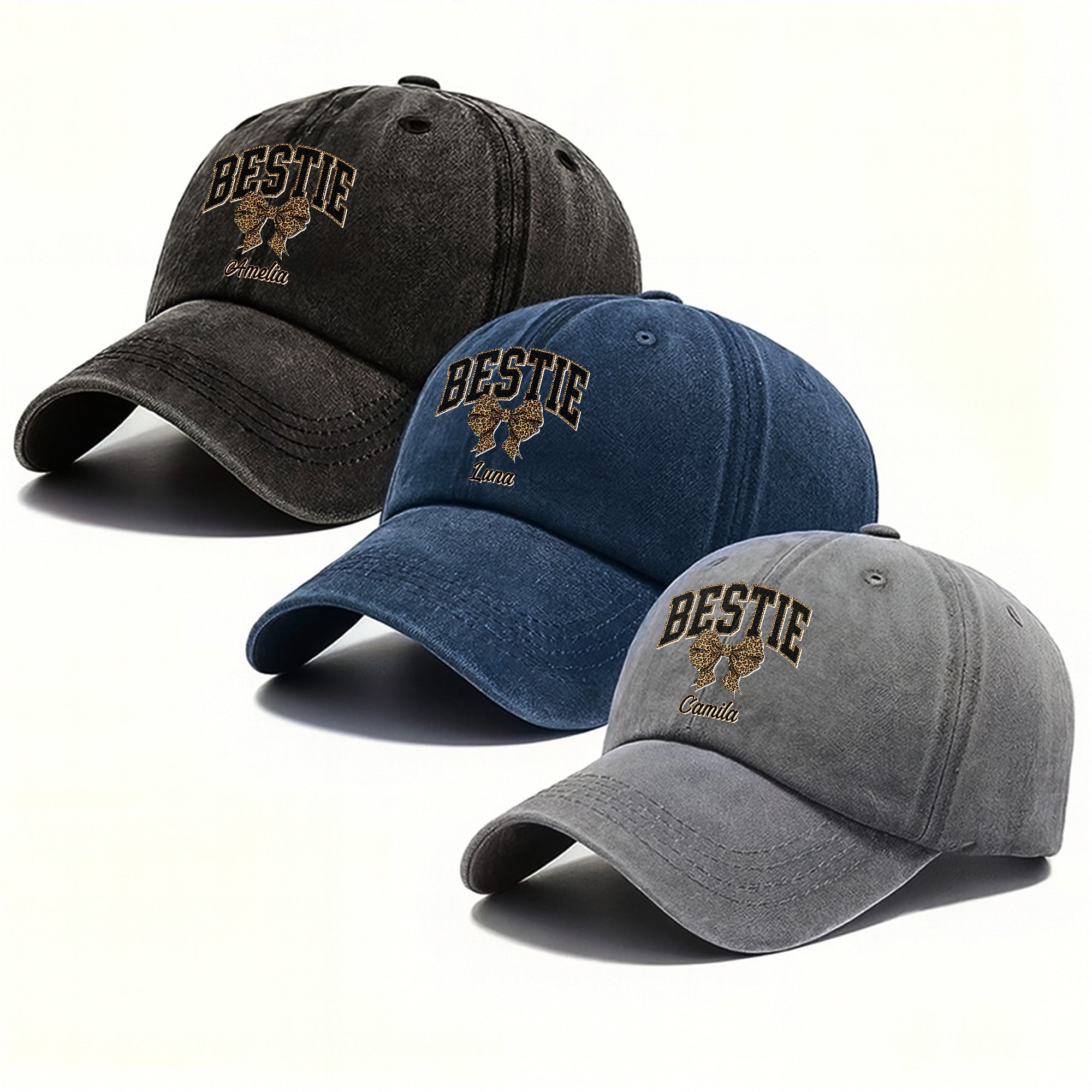 Personalized Leopard Print Bow Washed Denim Cap for Besties