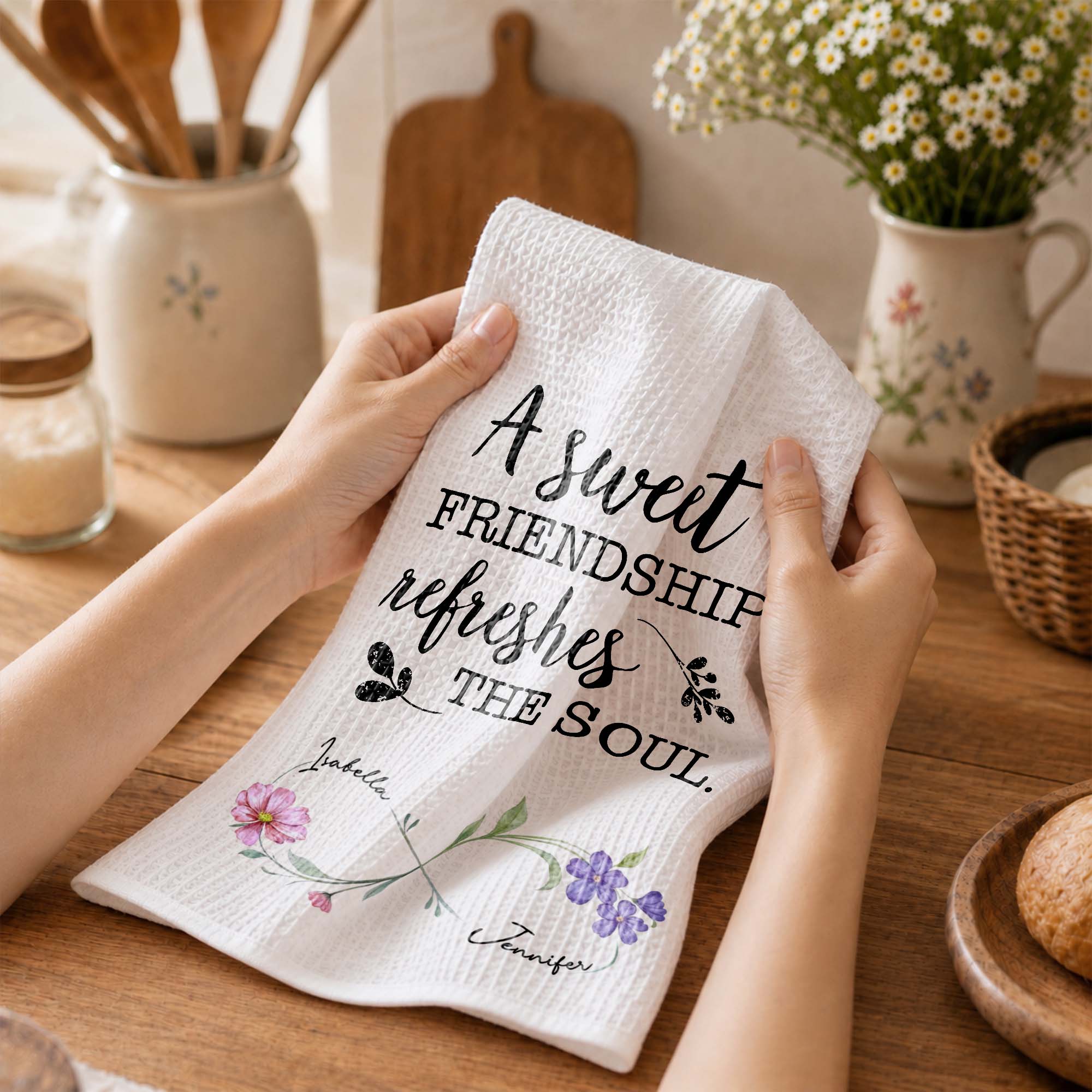 Personalized Kitchen Towel Custom Birth Month Flowers Gift for Best Friends