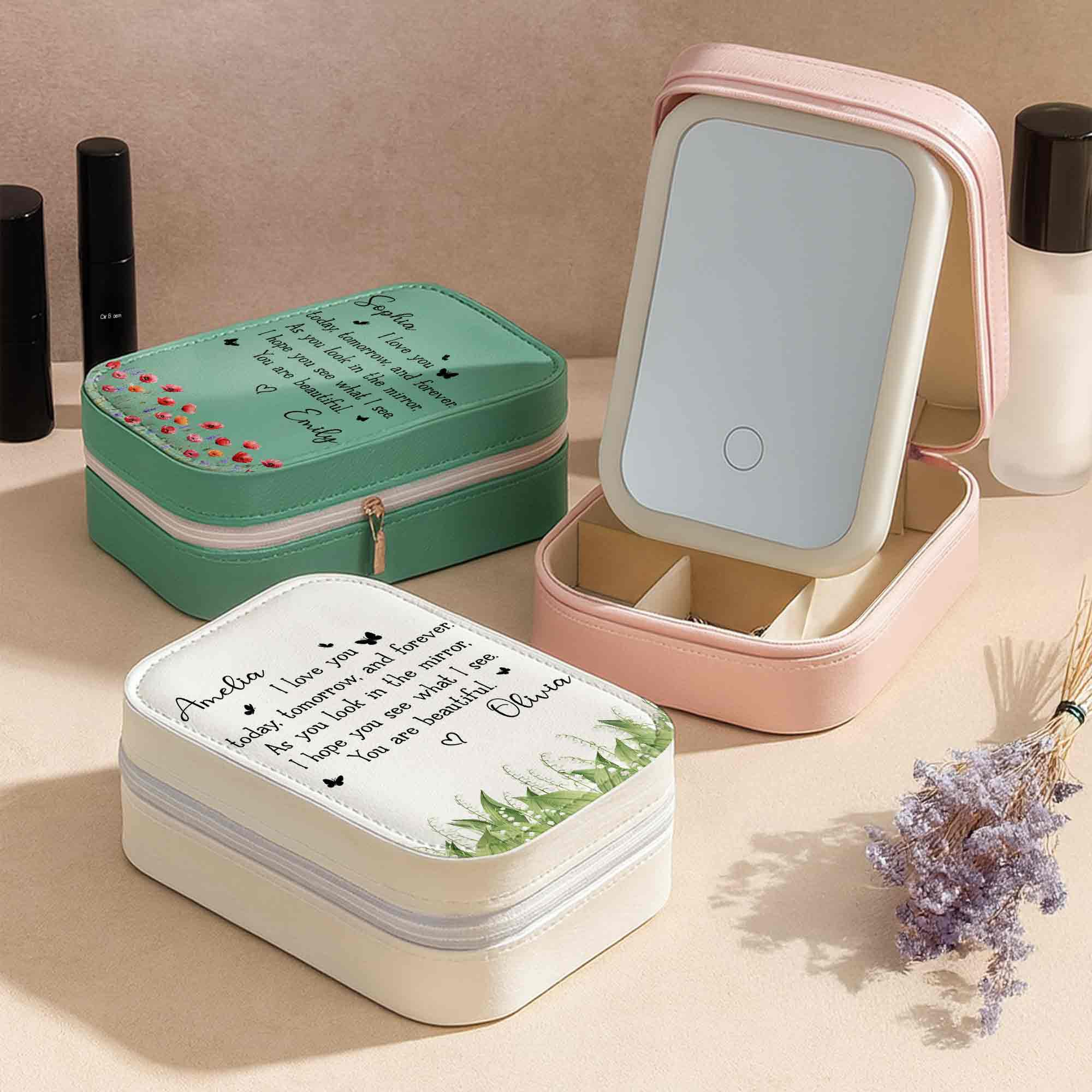 Personalized Jewelry Box with LED Mirror Custom Name Gift for Mom
