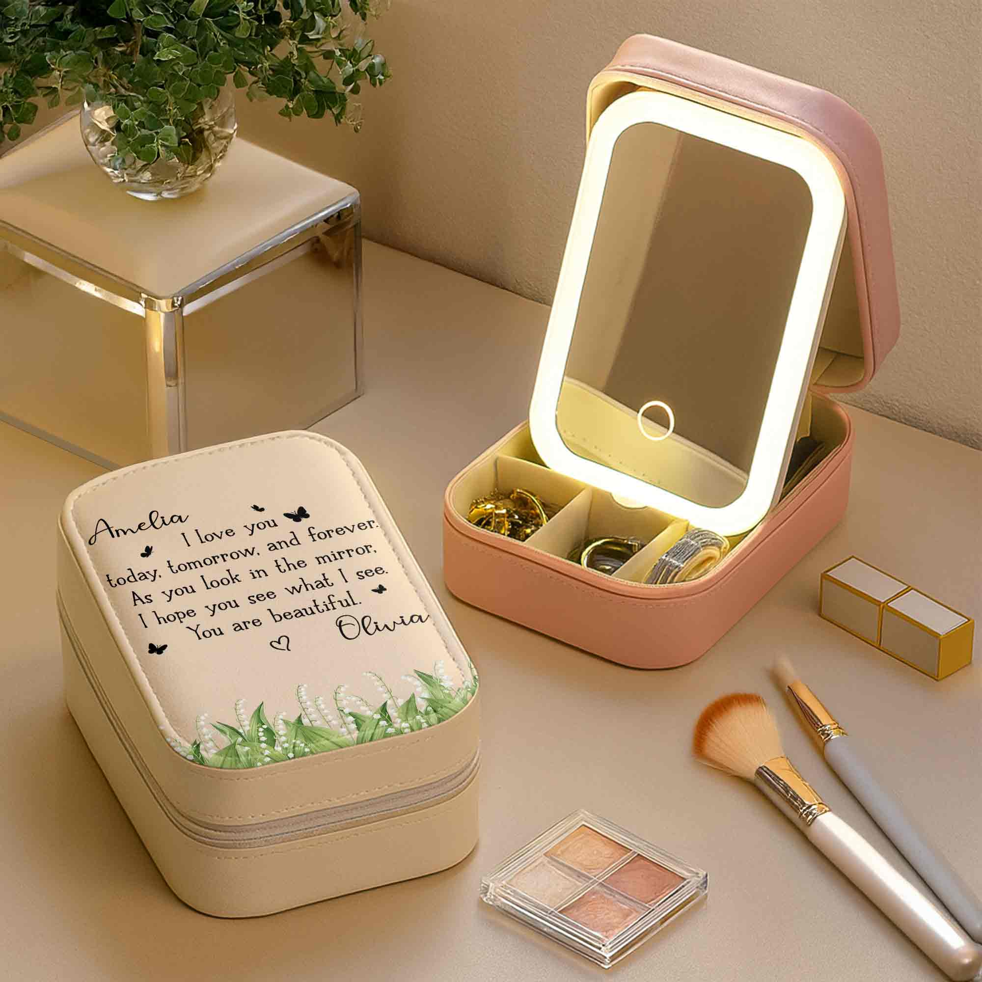 Personalized Jewelry Box with LED Mirror Custom Name Gift for Mom