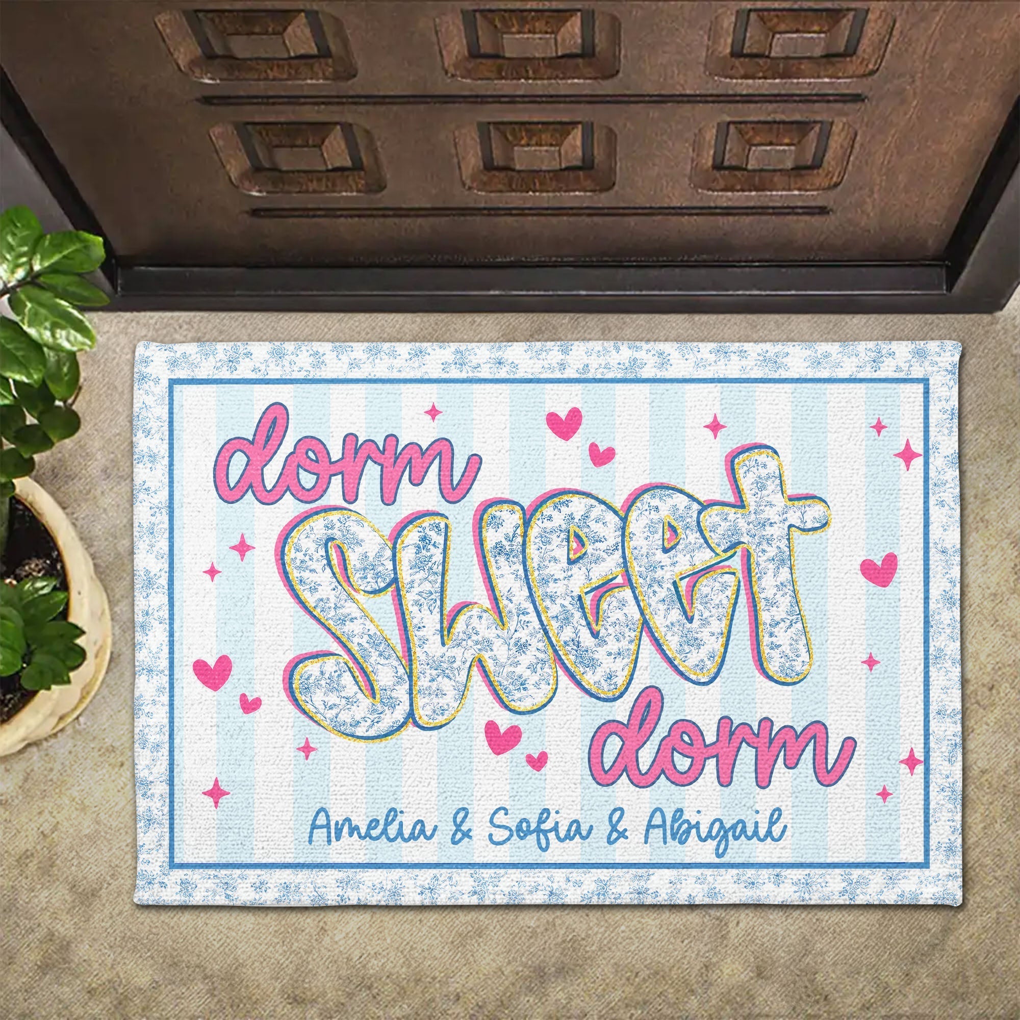 Personalized Floral Stripes Doormat Custom Name Gift for Dorm