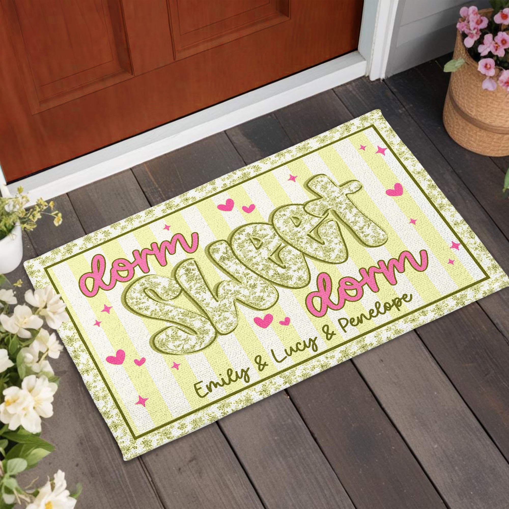 Personalized Floral Stripes Doormat Custom Name Gift for Dorm