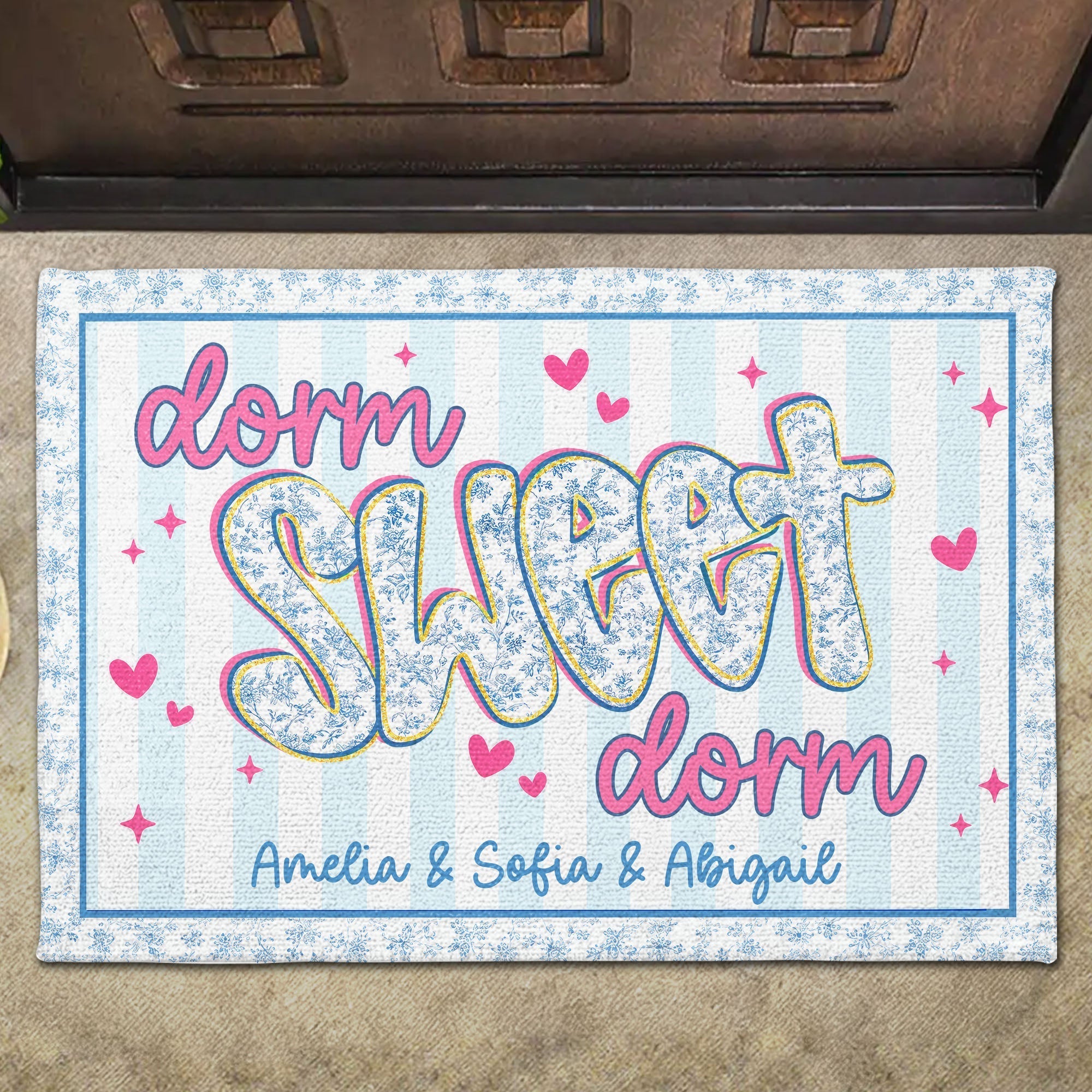 Personalized Floral Stripes Doormat Custom Name Gift for Dorm
