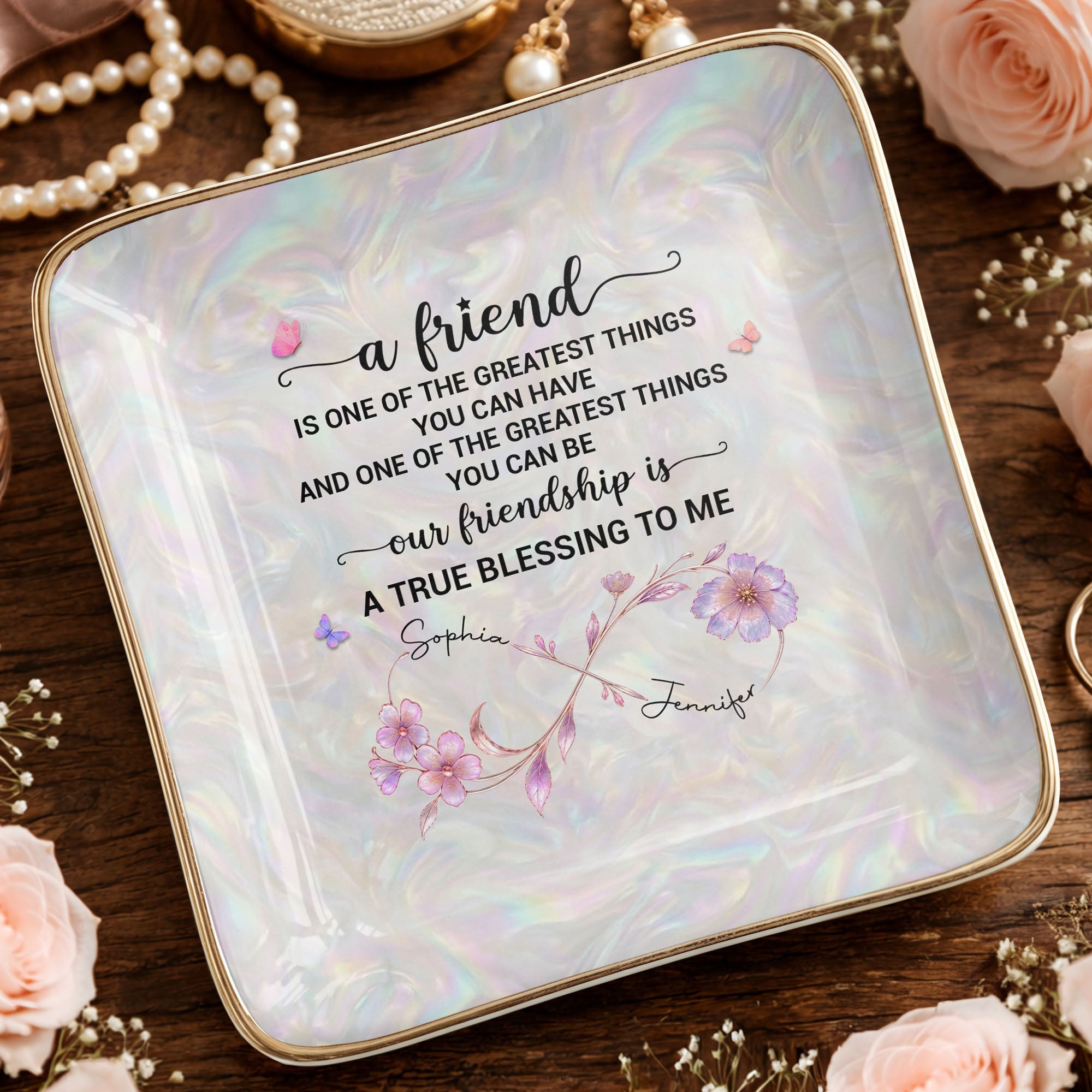 Personalized Infinity Flower Jewelry Dish Custom Name Gift for Friends