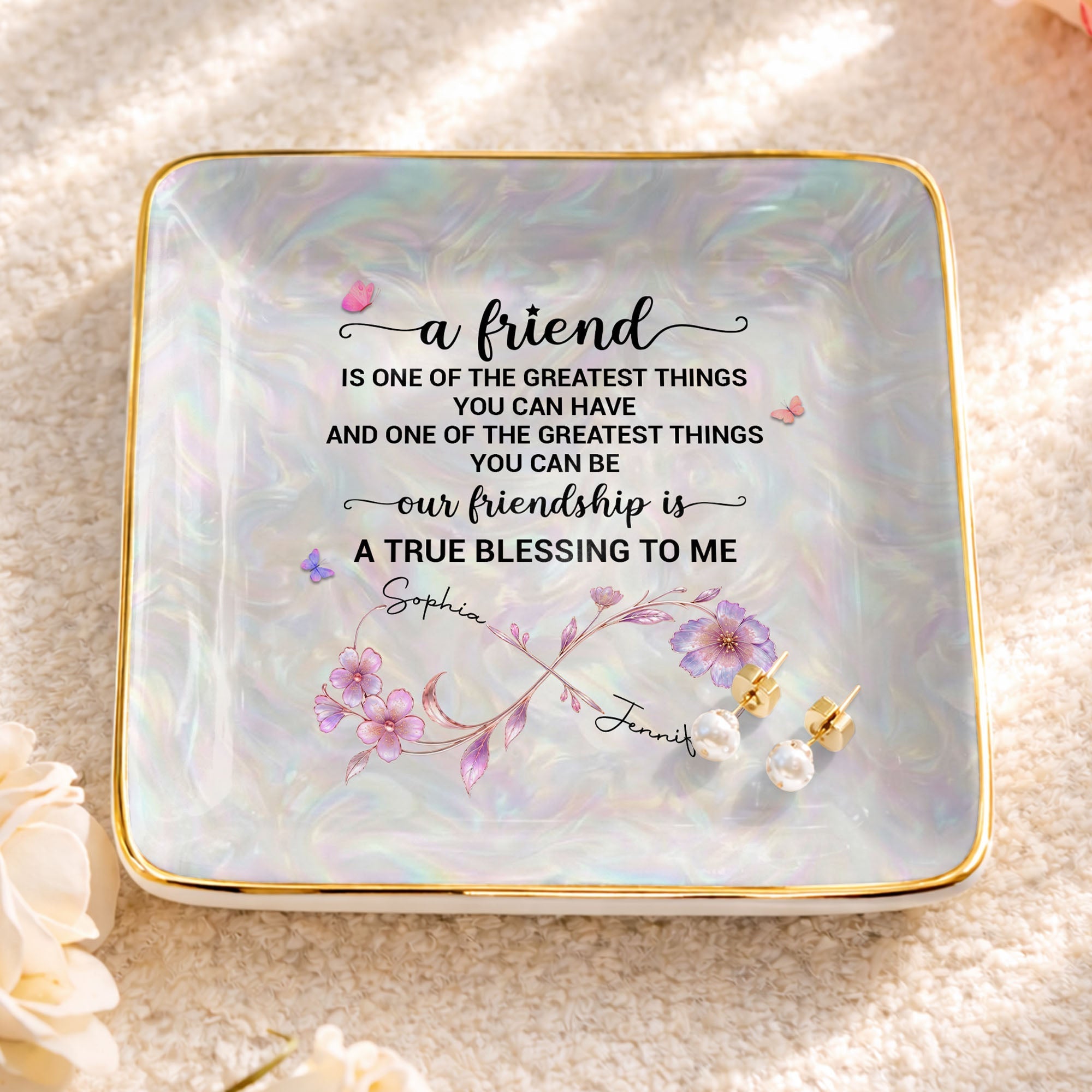 Personalized Infinity Flower Jewelry Dish Custom Name Gift for Friends