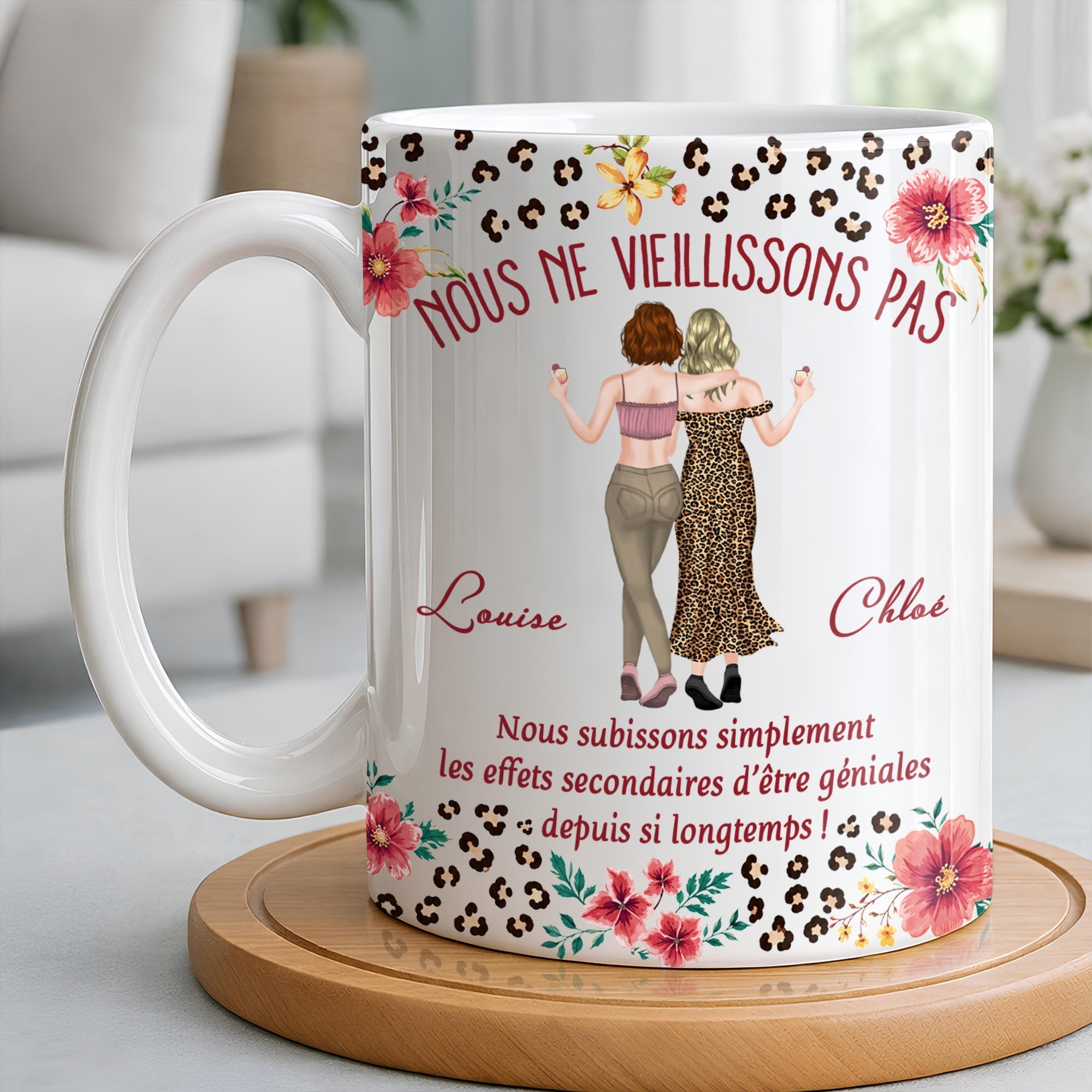 Personalized Floral Leopard Print Coffee Mug Custom Gift for Best Friends