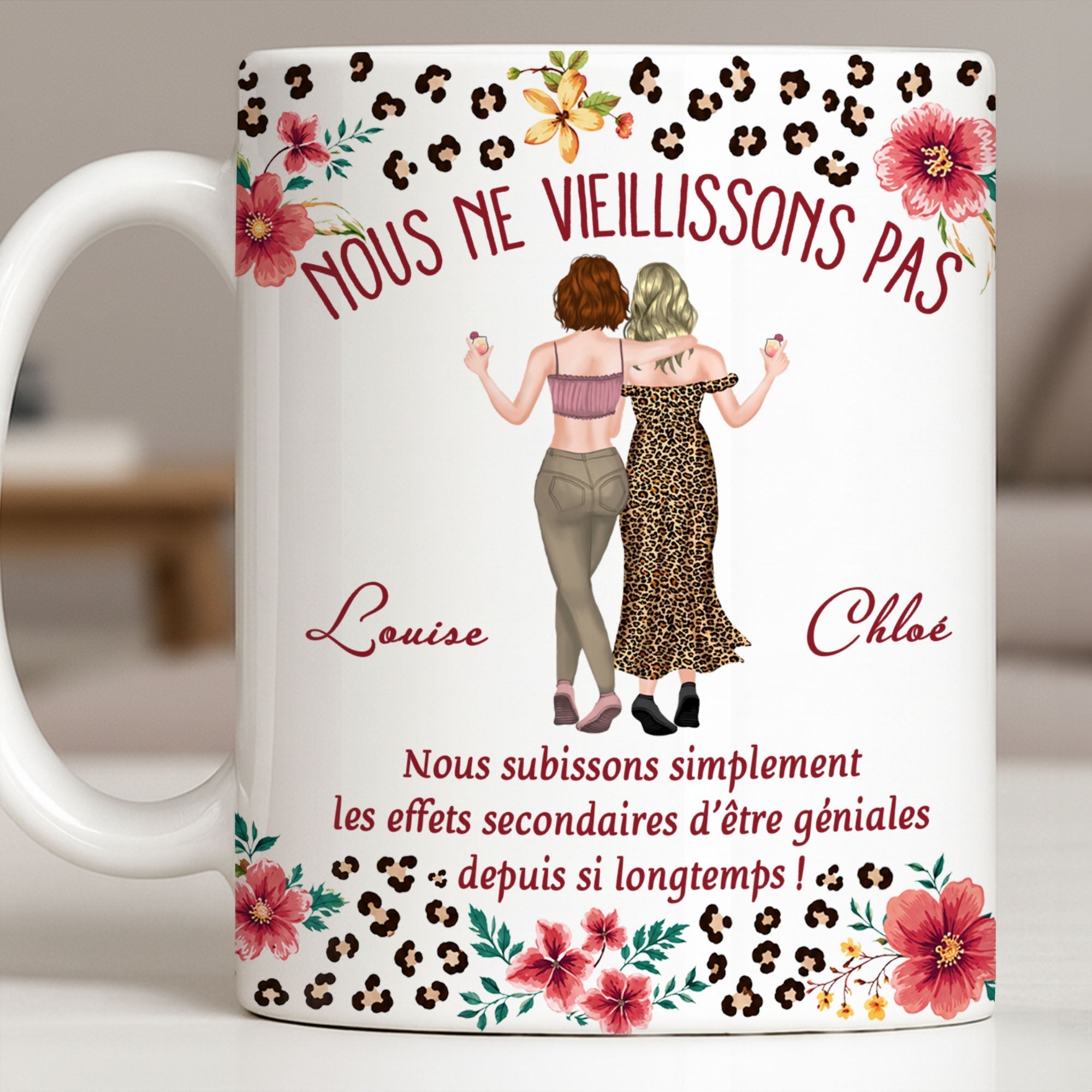 Personalized Floral Leopard Print Coffee Mug Custom Gift for Best Friends