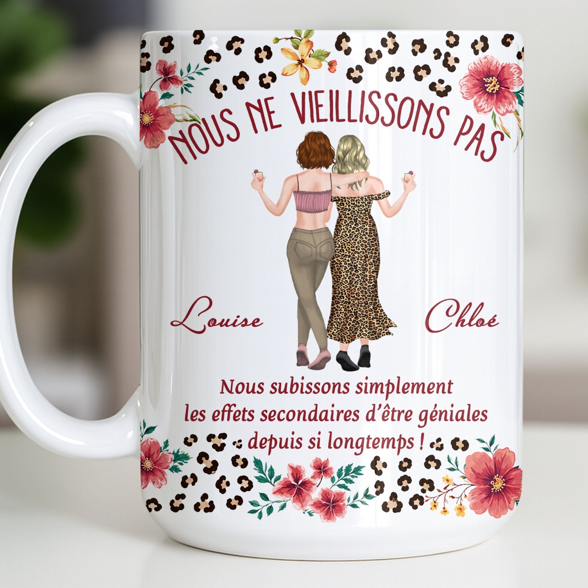 Personalized Floral Leopard Print Coffee Mug Custom Gift for Best Friends
