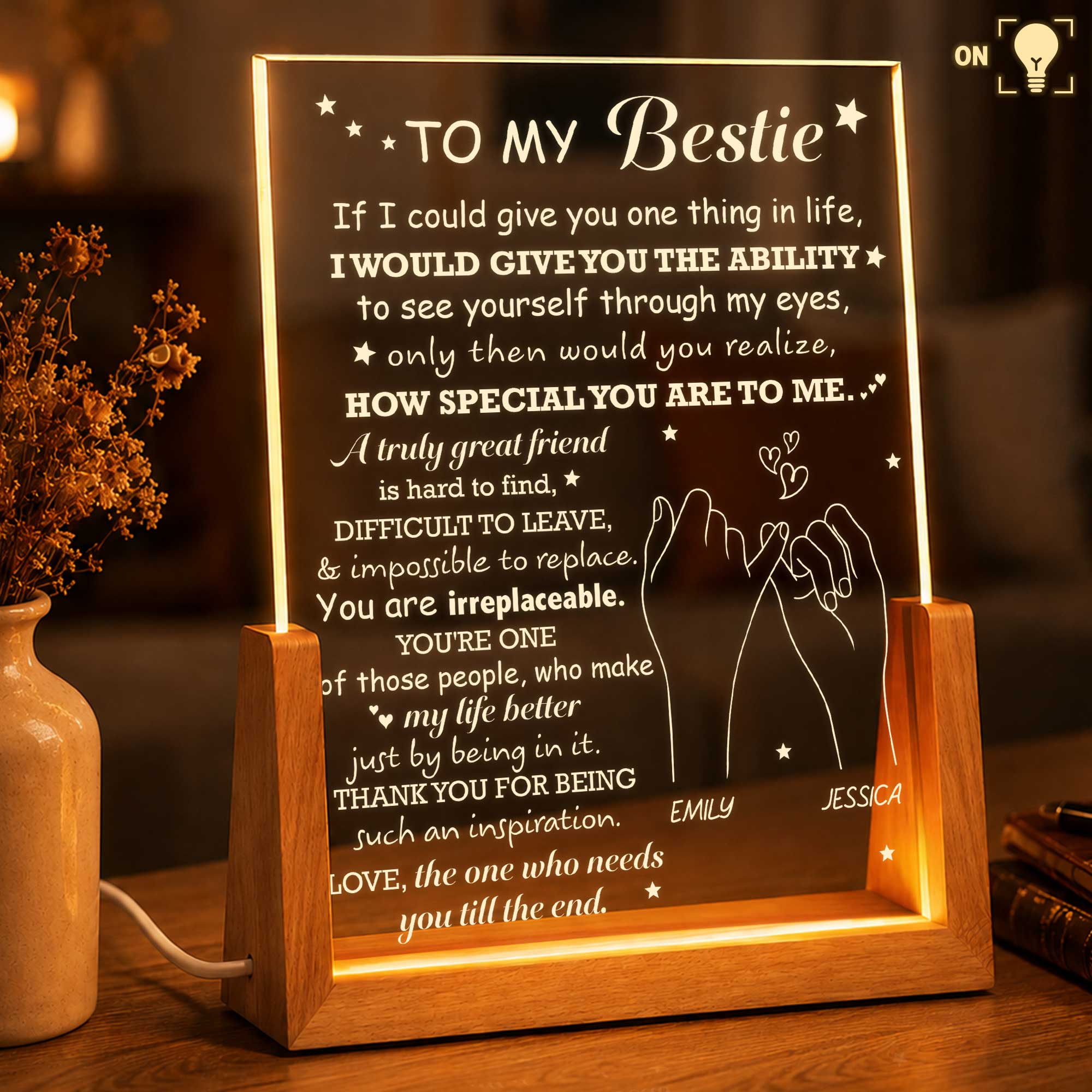Personalized Acrylic Night Light Custom Bestie Gift with Wood Base