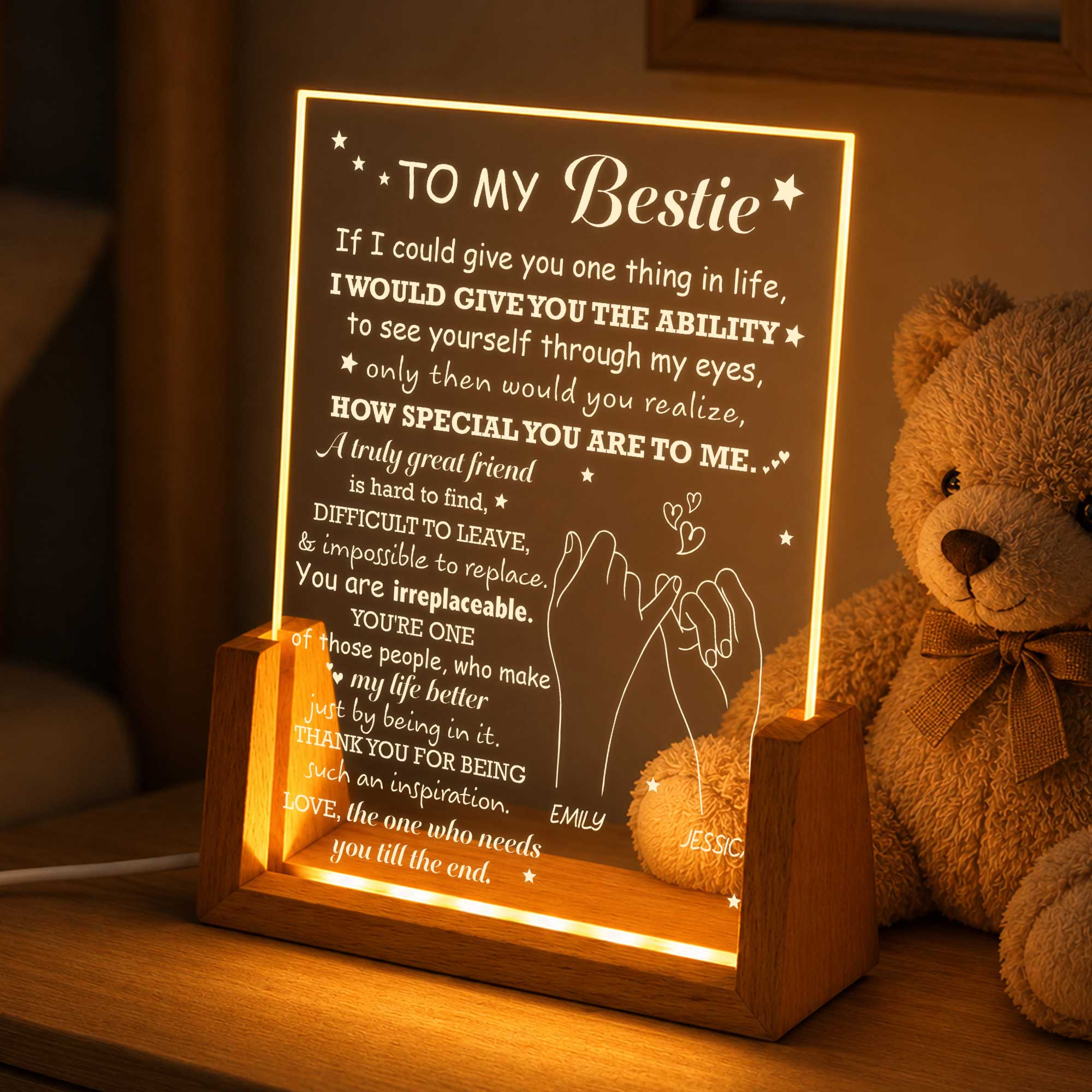 Personalized Acrylic Night Light Custom Bestie Gift with Wood Base