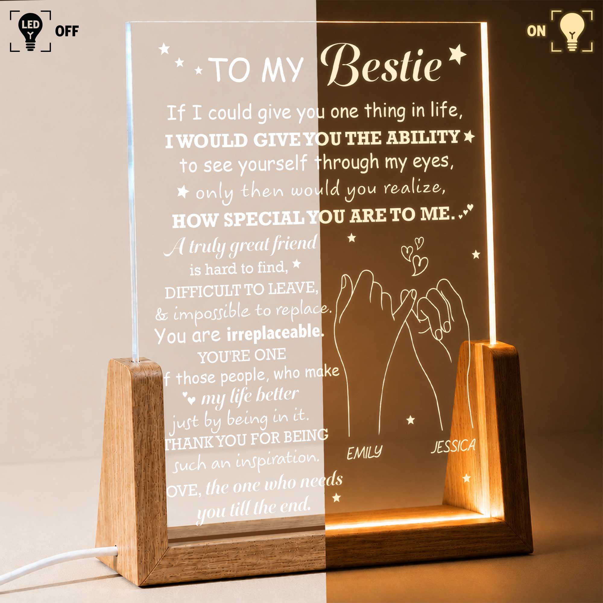 Personalized Acrylic Night Light Custom Bestie Gift with Wood Base