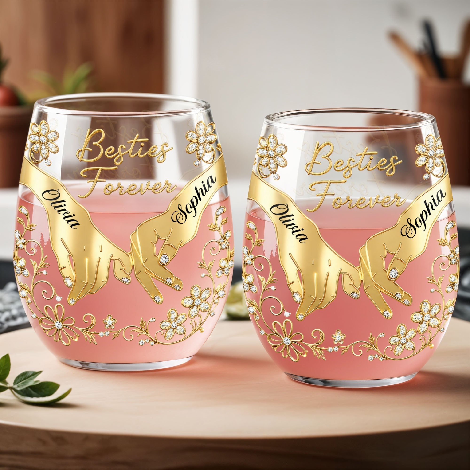 Personalized Stemless Wine Glass Bestie Gift Custom Name Floral