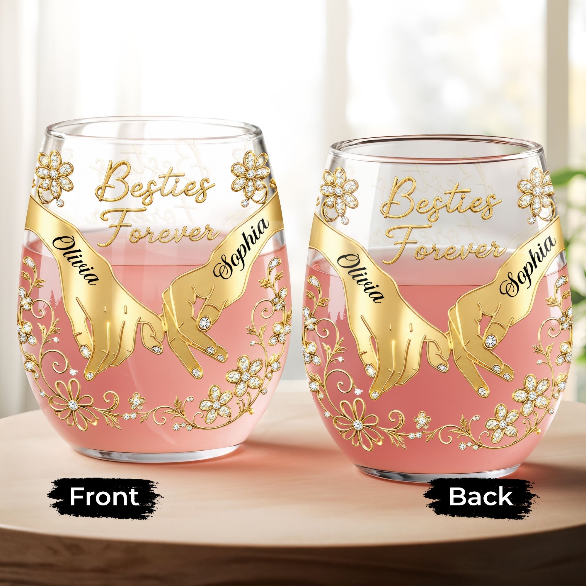 Personalized Stemless Wine Glass Bestie Gift Custom Name Floral