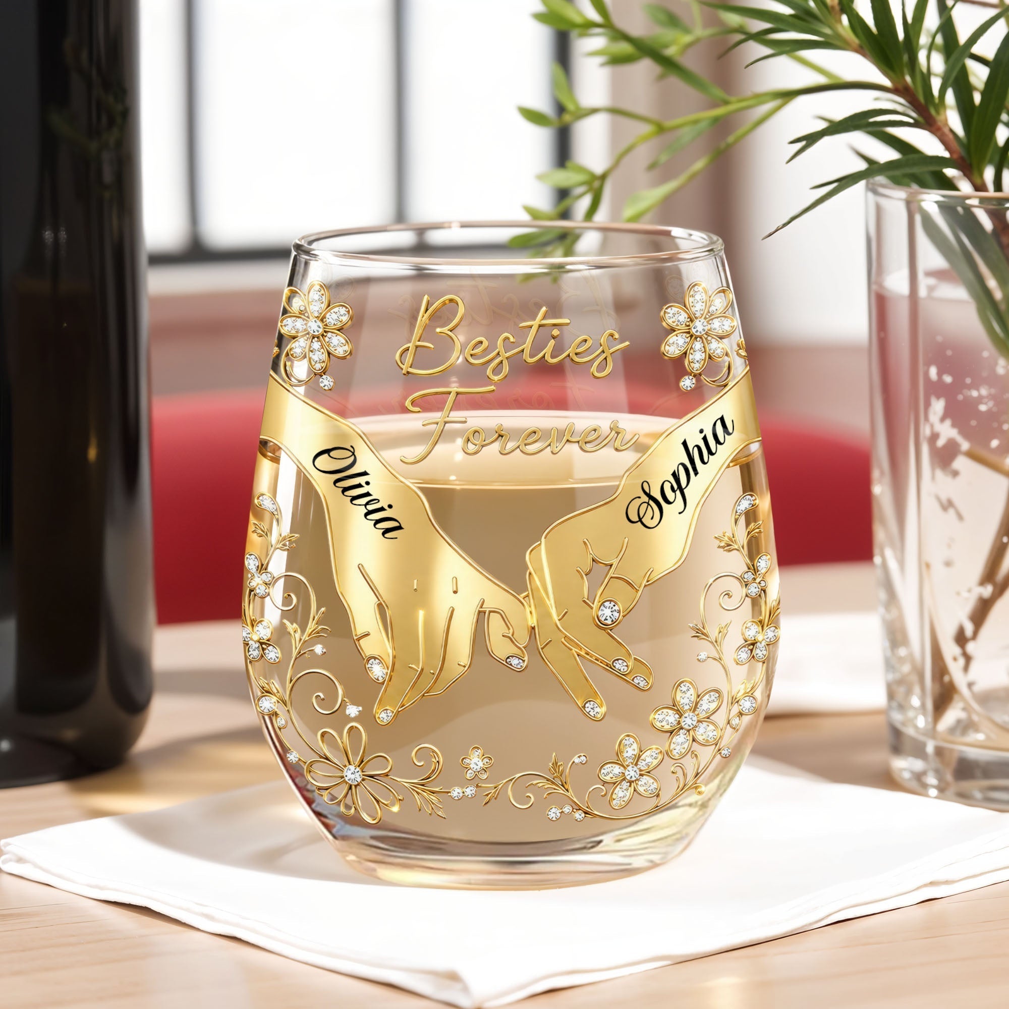 Personalized Stemless Wine Glass Bestie Gift Custom Name Floral