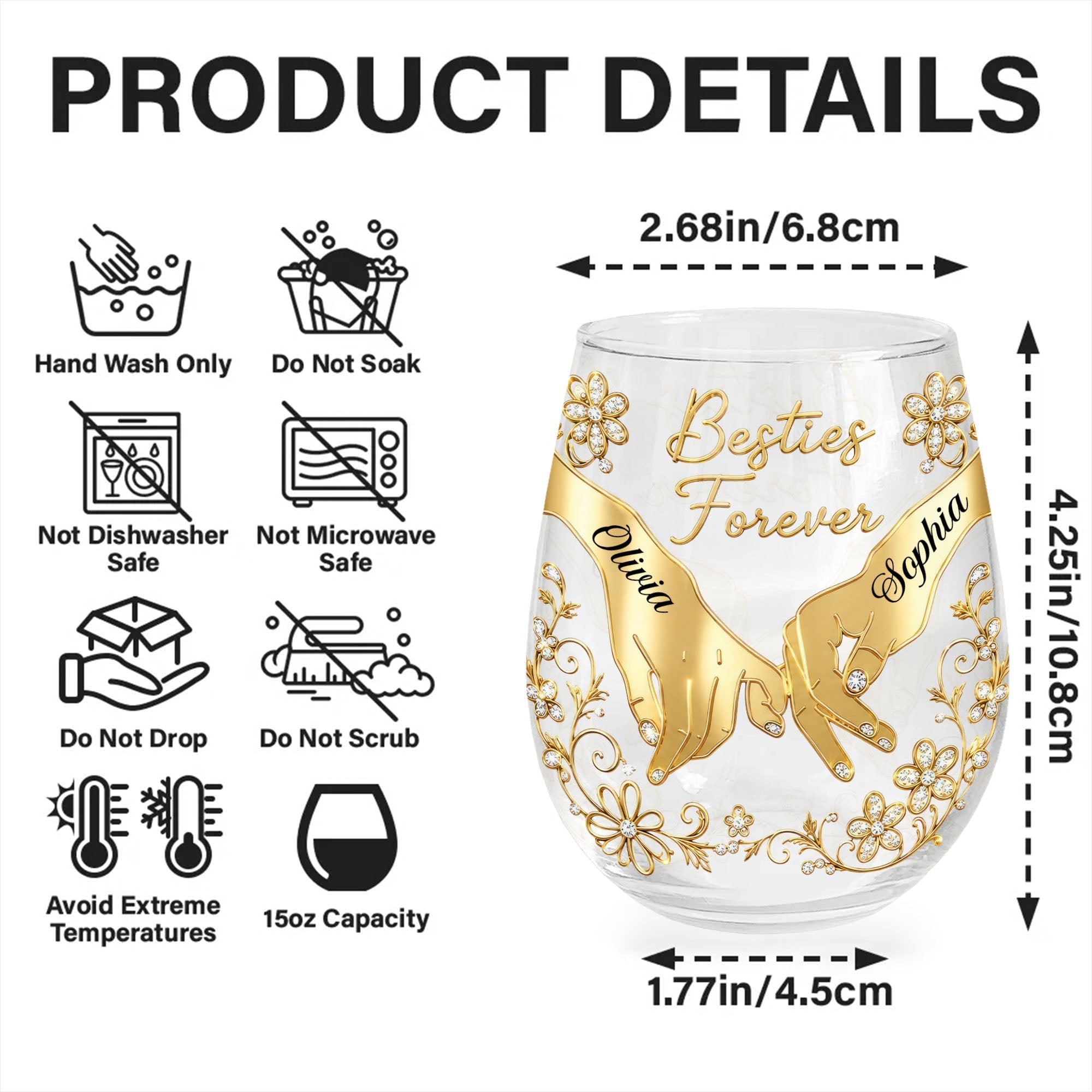 Personalized Stemless Wine Glass Bestie Gift Custom Name Floral