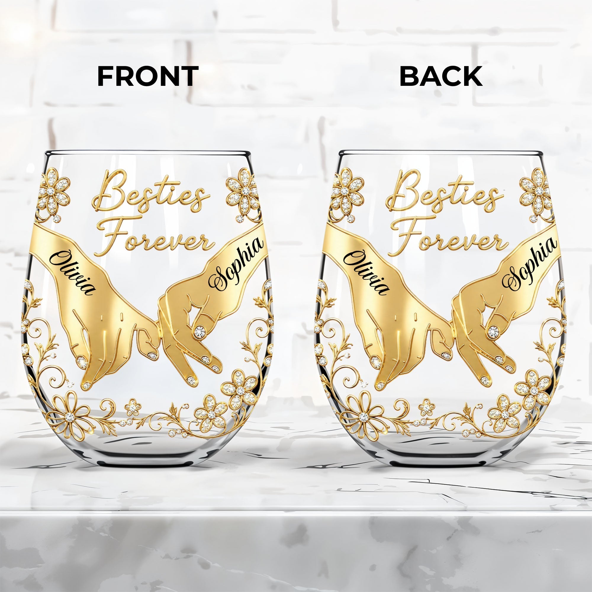 Personalized Stemless Wine Glass Bestie Gift Custom Name Floral