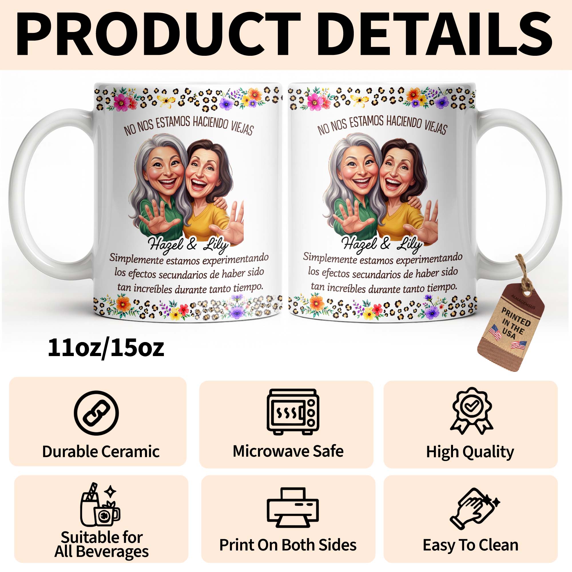 Personalized Best Friends Coffee Mug Custom Flower Design Gift