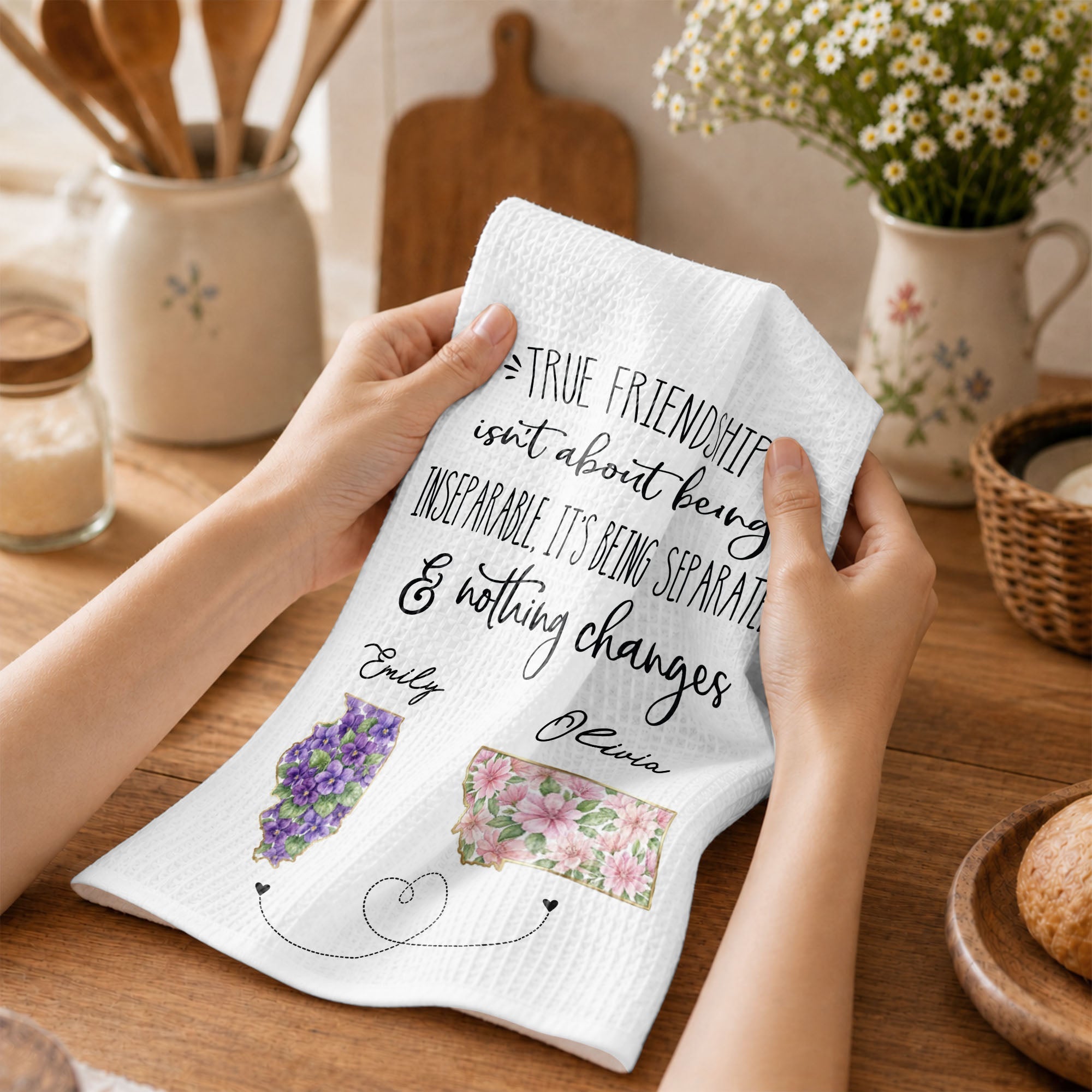 Personalized Kitchen Towel Custom State Art Flowers Friend Gift