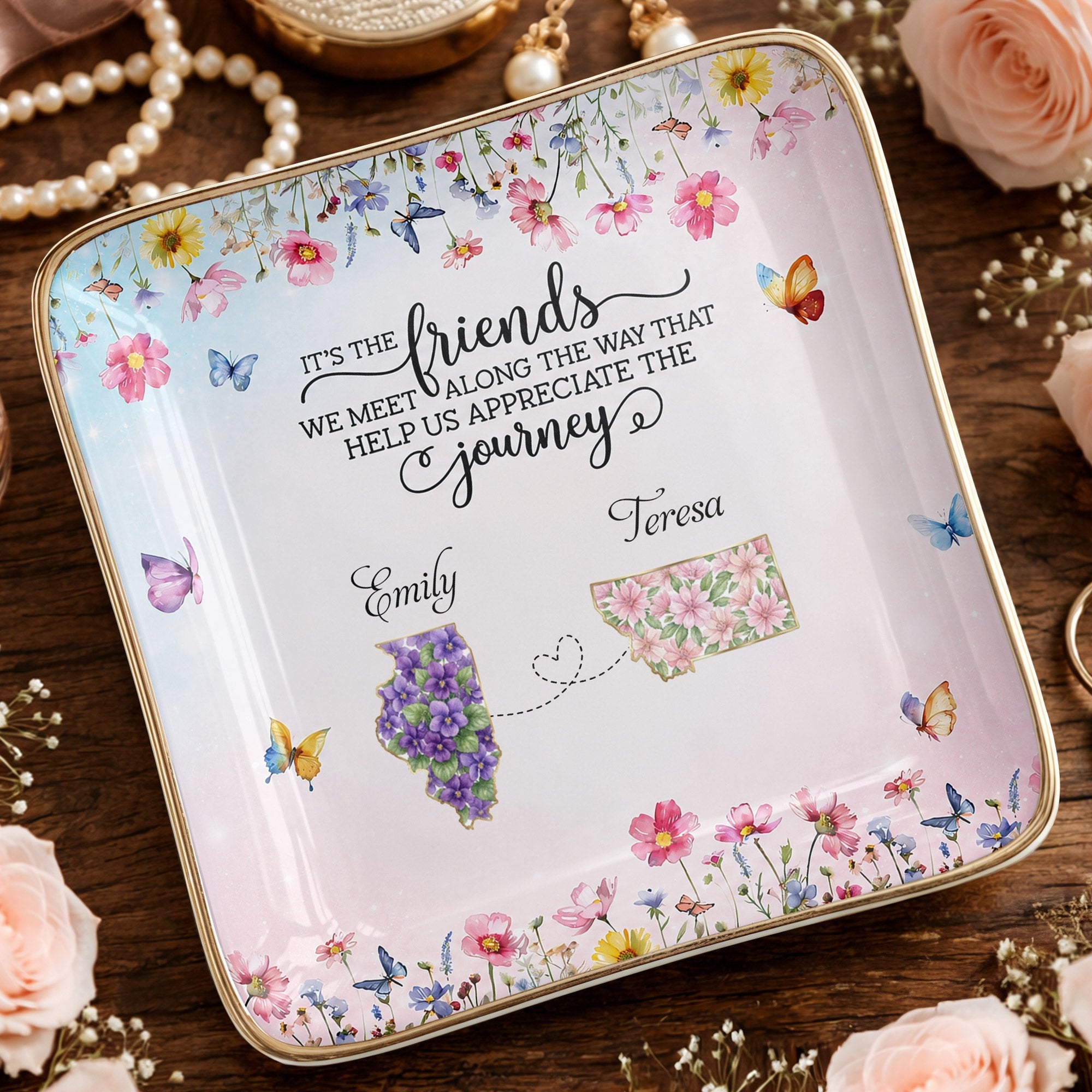 Personalized Floral State Jewelry Dish Custom Gift for Best Friends