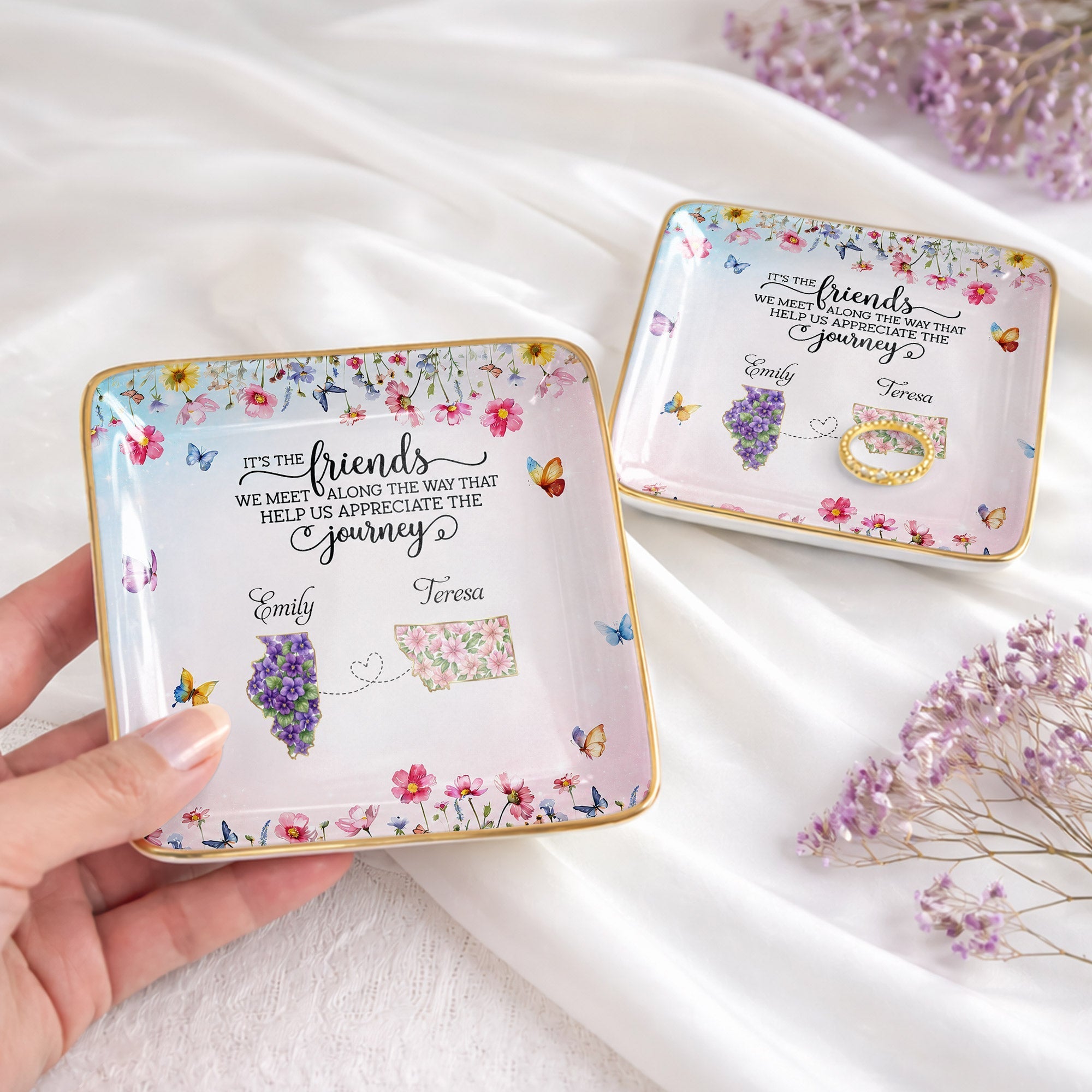Personalized Floral State Jewelry Dish Custom Gift for Best Friends