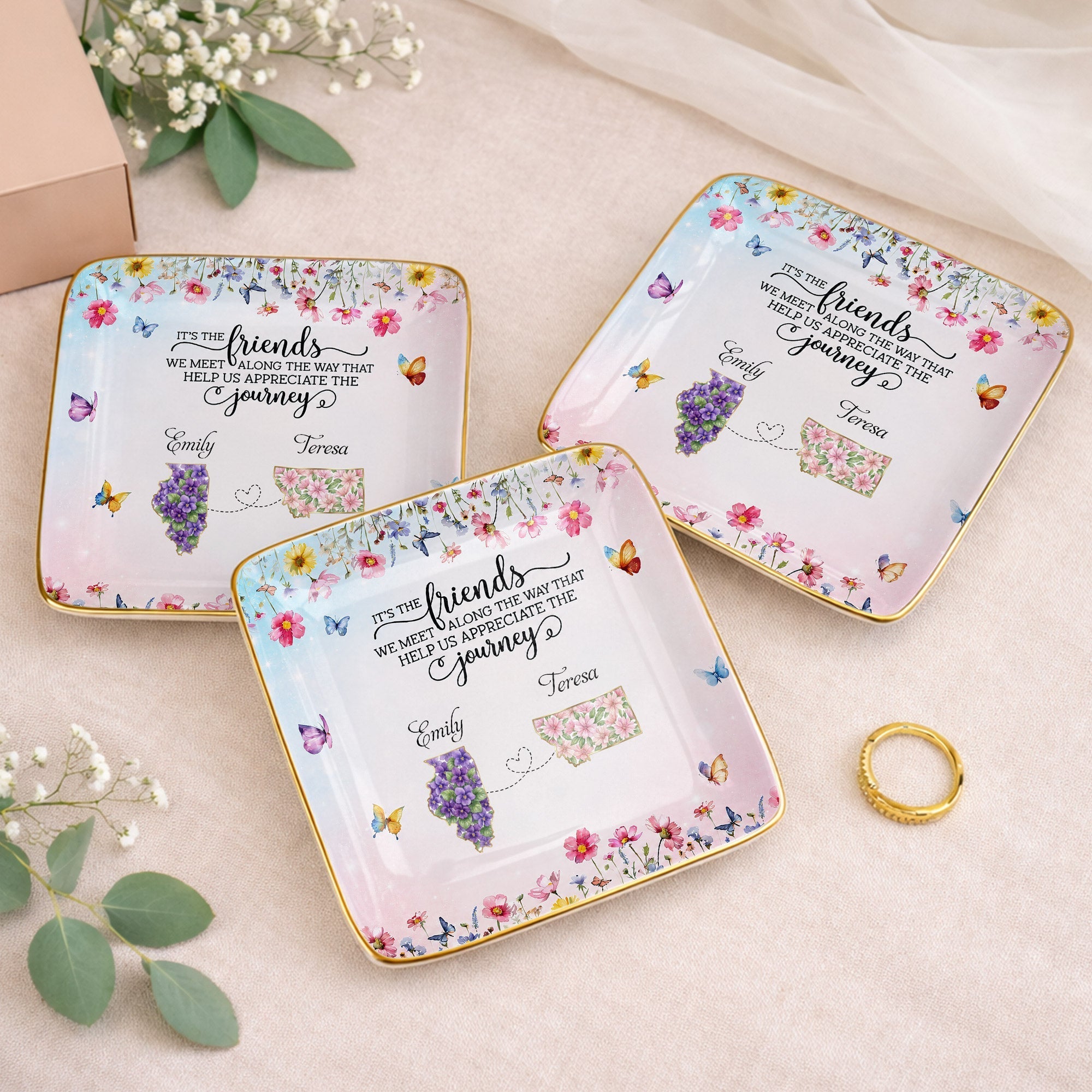 Personalized Floral State Jewelry Dish Custom Gift for Best Friends